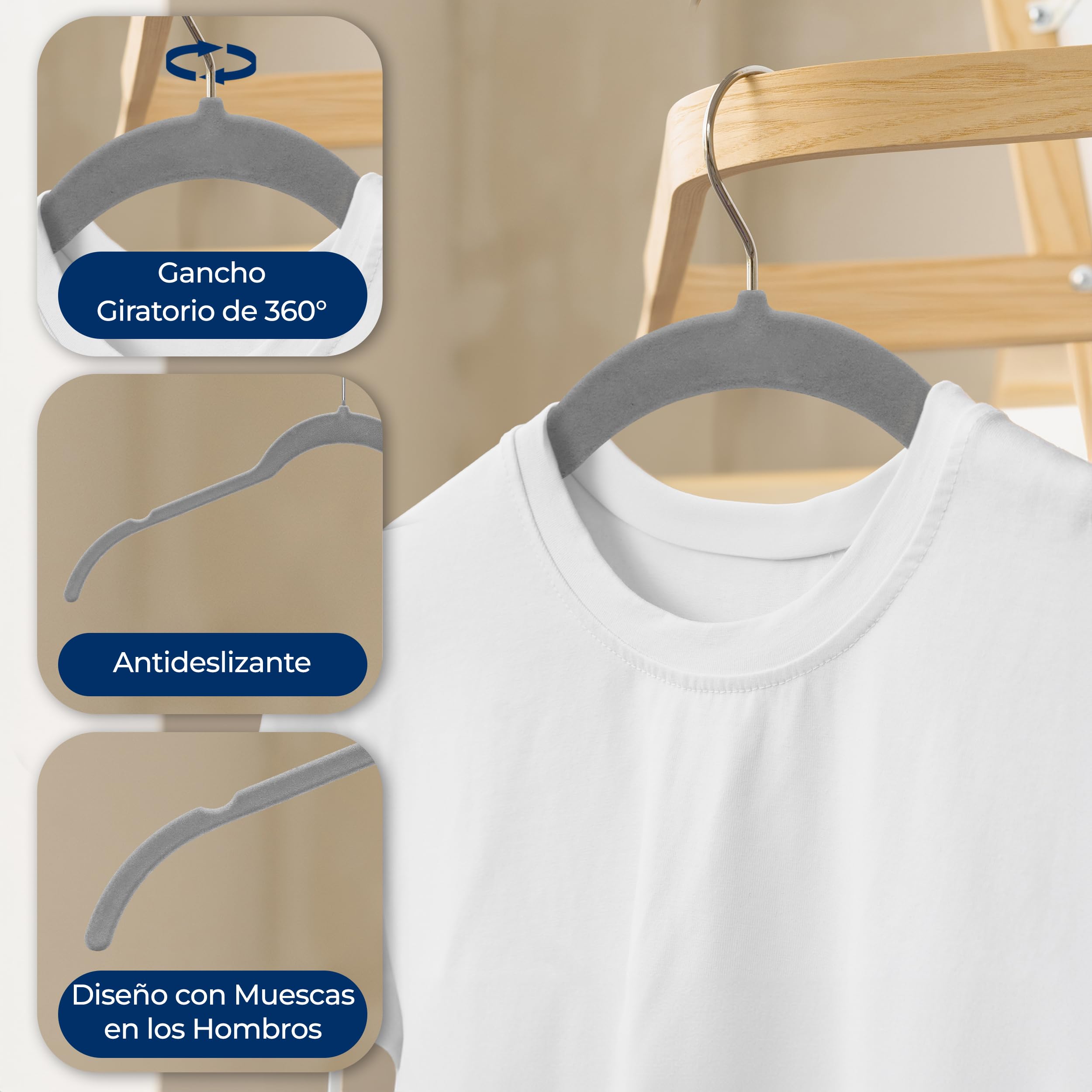 SereneLife Perchas, Ropa, de Terciopelo, Antideslizantes, Finas y Suaves. 50 Piezas, con Gancho Giratorio de 360°