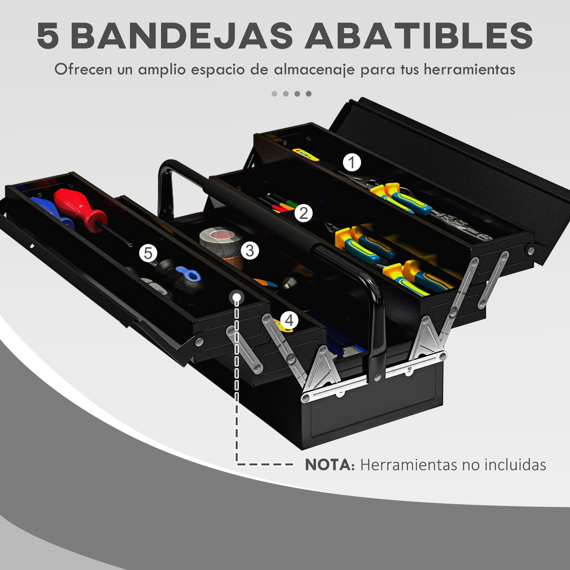 DURHAND Caja de Herramientas Vacía 5 Bandejas 45x20x34,5cm Negro | Maletín de Herramientas de Acero Plegable, Asa, para Taller, Garaje