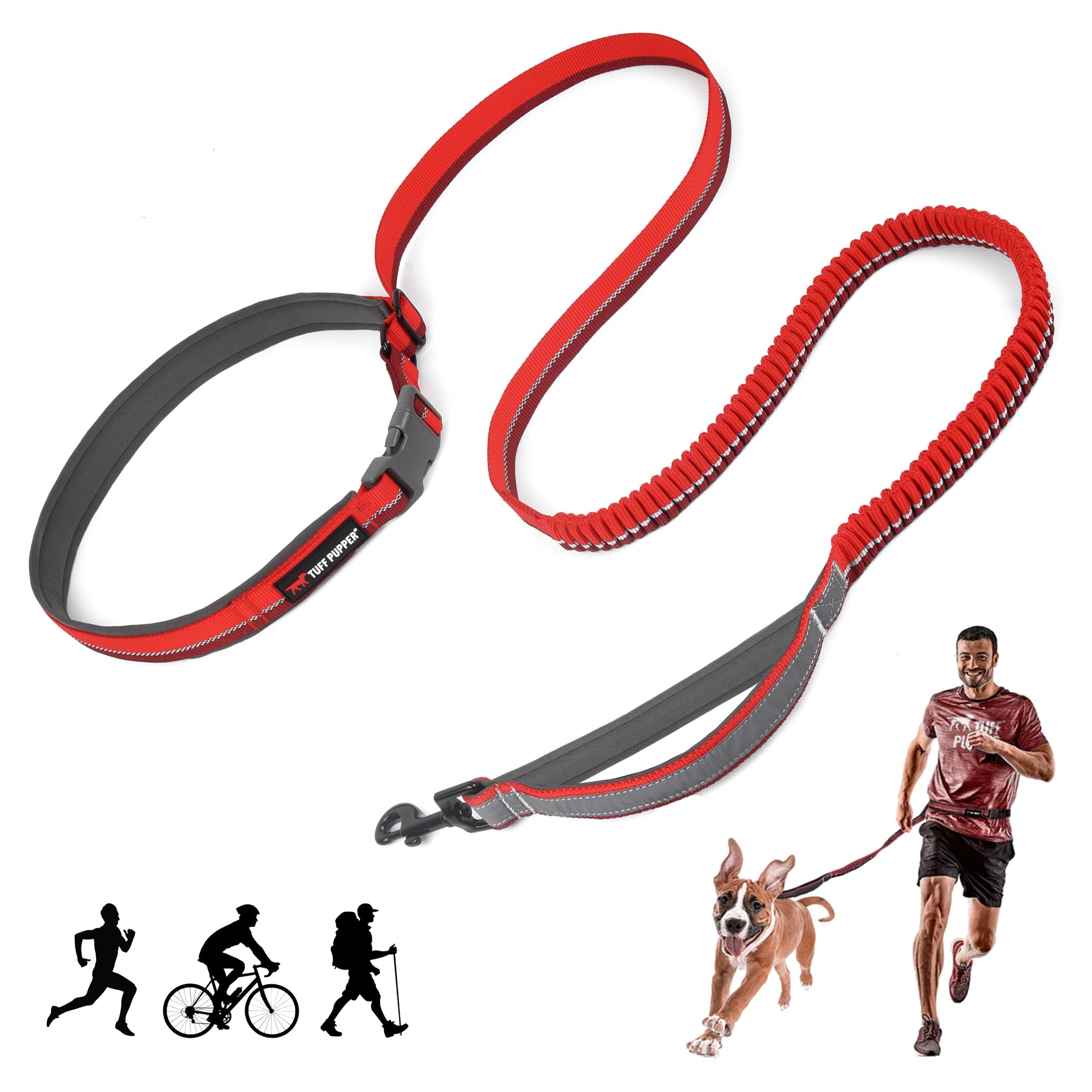 Tuff Pupper Hands Free Bungee Dog Leash | Lightweight for Running Jogging Walking | Adjustable Padded Waist Belt (24-50 inch) | Bungee Stretch 3 to 6 Feet | Strong Ballistic Nylon w/Reflective Strips