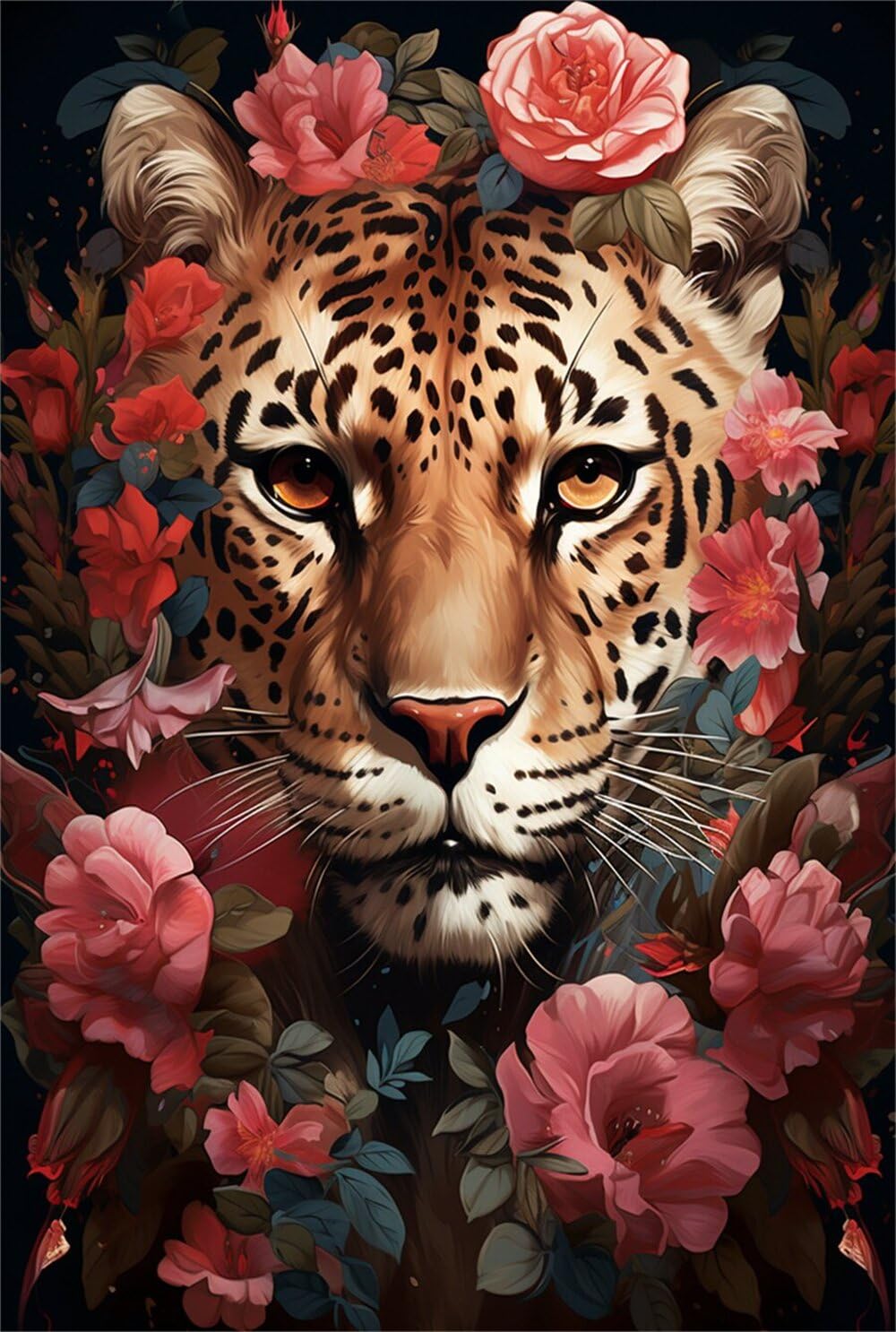 RKFLGEW Diy-Perlen Zum Sticken, Leopard Und Blumen, Perlen-Stickset, Tier-Nadelspitze, Gobelin-Set, Perlenstich-Nadelhandwerksset, Perlen-Kreuzstich-Set 40x50cm