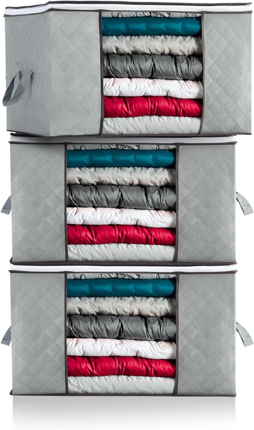 0TO1 Large Storage Bags, 3 Pack Clothes Storage Bins, 90L Blanket Storage Bag, Storage Organizer Containers for Blanket,Comforters,Bed Sheets,Pillows,Toys and Clothing, Storage with Lids and Handle