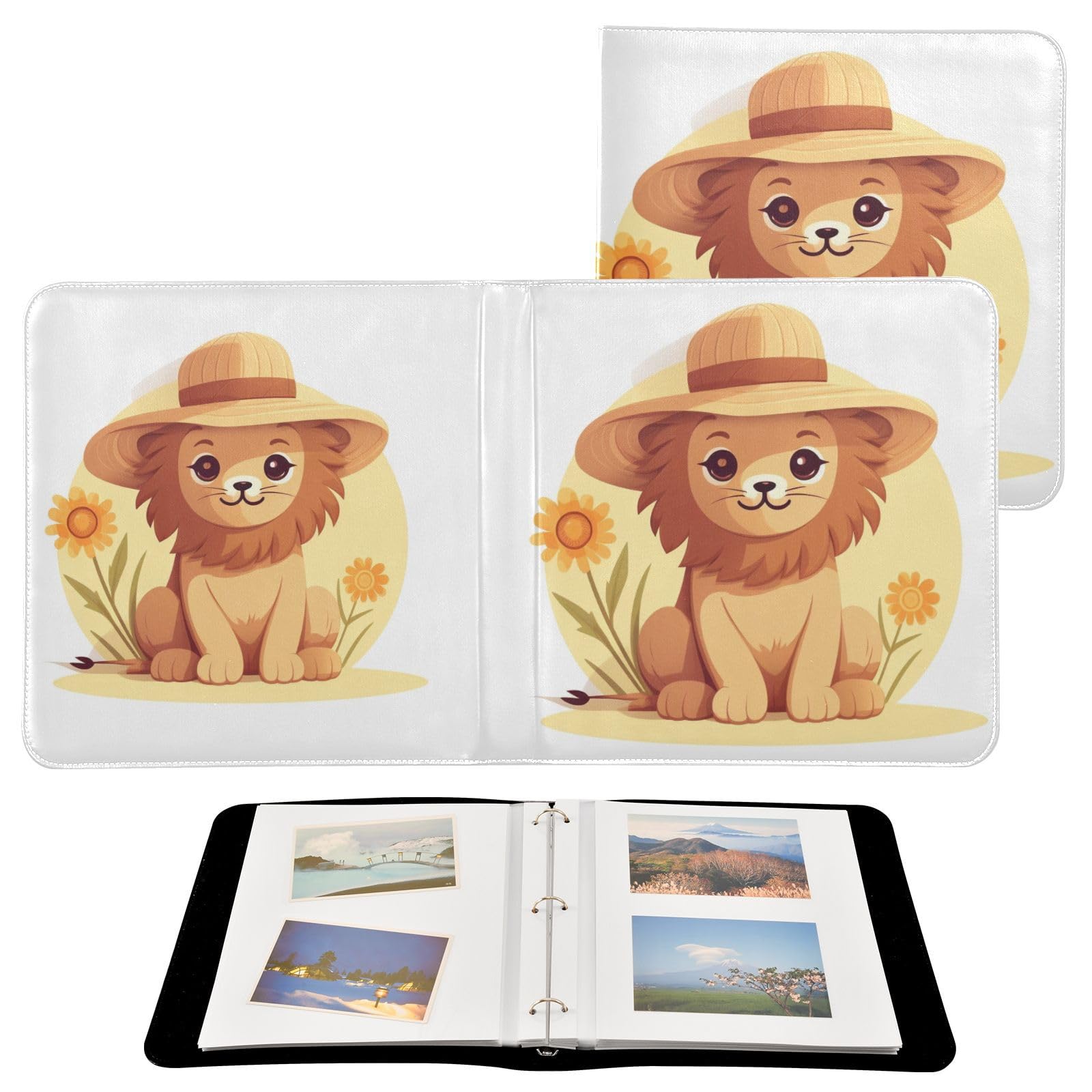 JIPONI Sunflower Lion Large Photo Album, DIY Leather Cover Scrapbook Albums for 4x6 5x7 6x8 Pictures, Self Adhesive Memory Book for Wedding, Baby, Family