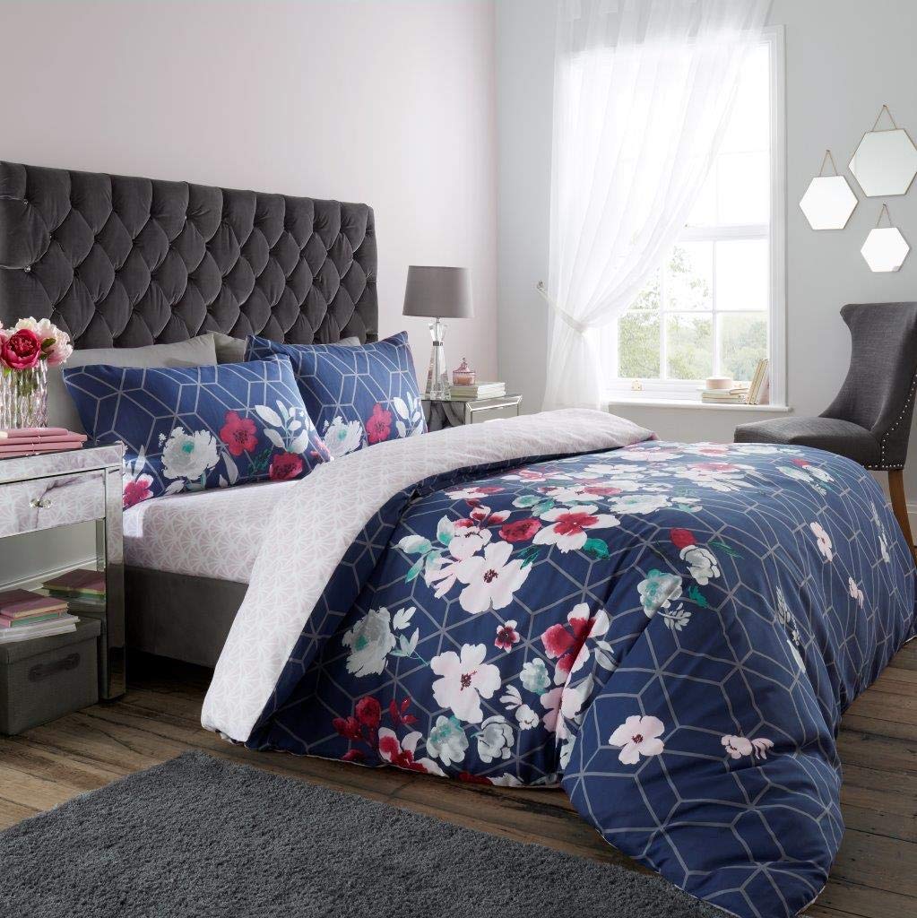 GC GAVENO CAVAILIA Gaveno Cavailia Geometrical Blossom Duvet Cover Quilt Set With Pillow Case, Reversible, Poly Cotton, Livia Navy, Double Size Bedding, Polycotton