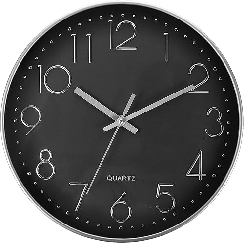 PATIKIL Reloj de pared de 12 pulgadas, funciona con pilas, silencioso, sin tictac, para decoración de oficina, dormitorio, color negro y plateado