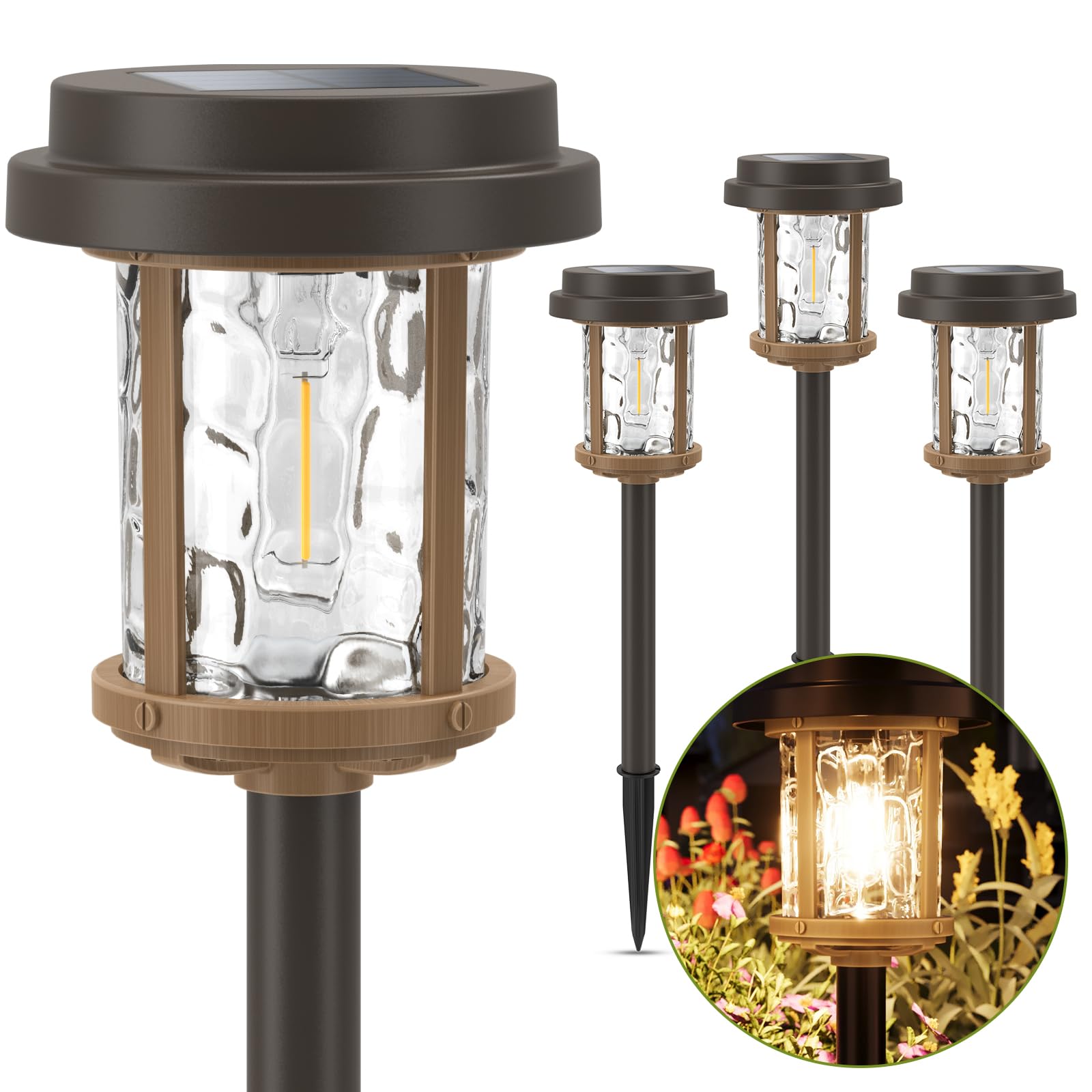 XMCOSY Solar Pathway Lights Dual-Tone Solar Lights Outdoor Waterproof IP65 20 LM LED Bright Glass Outside Light for