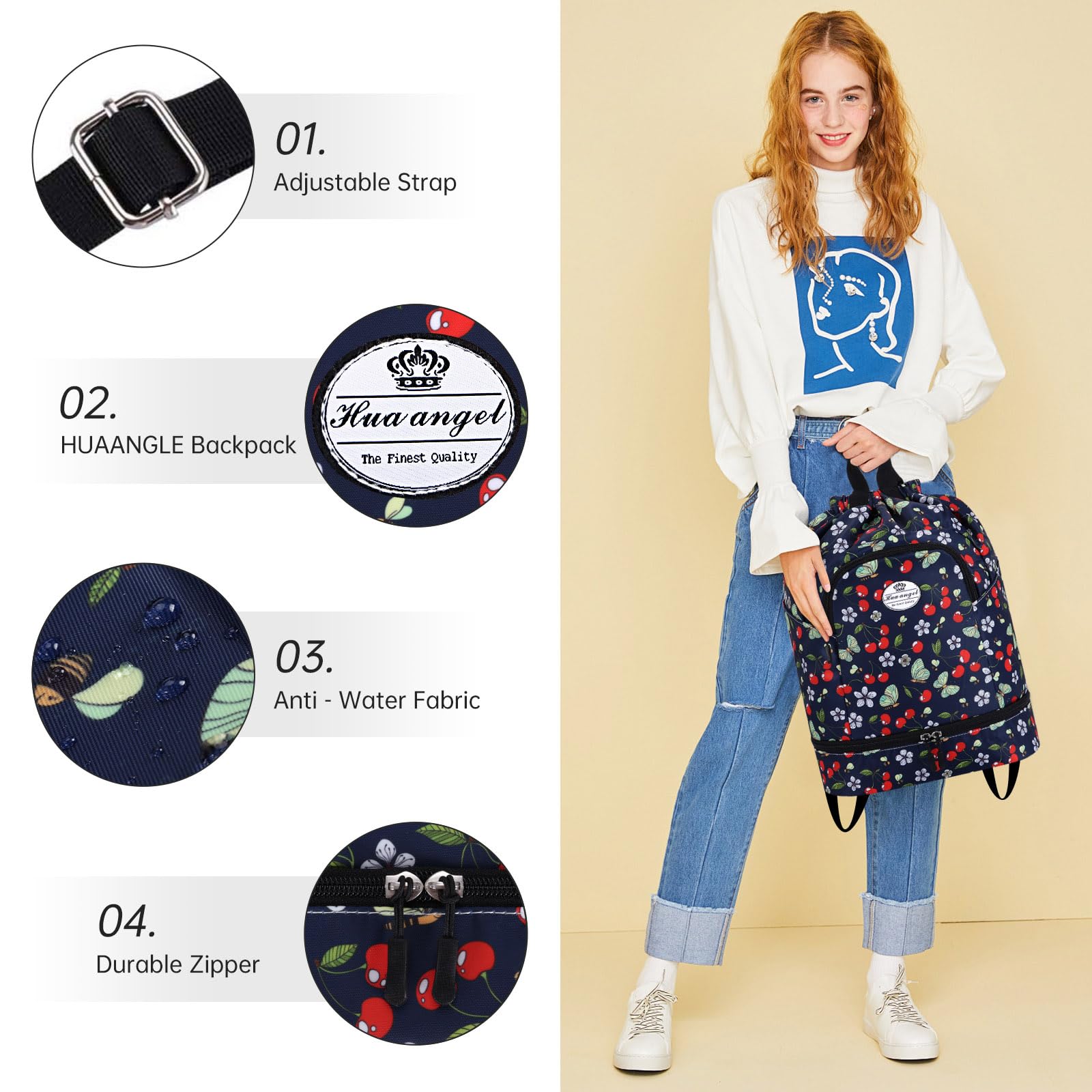 HUA ANGEL Sac à Dos avec Cordon Femme Ultra Léger Sacs a Dos de Sport Homme Avec Compartiment Chaussures pour Voyage Weekend Gym Basket Football Pickleball Piscine Plage - 5