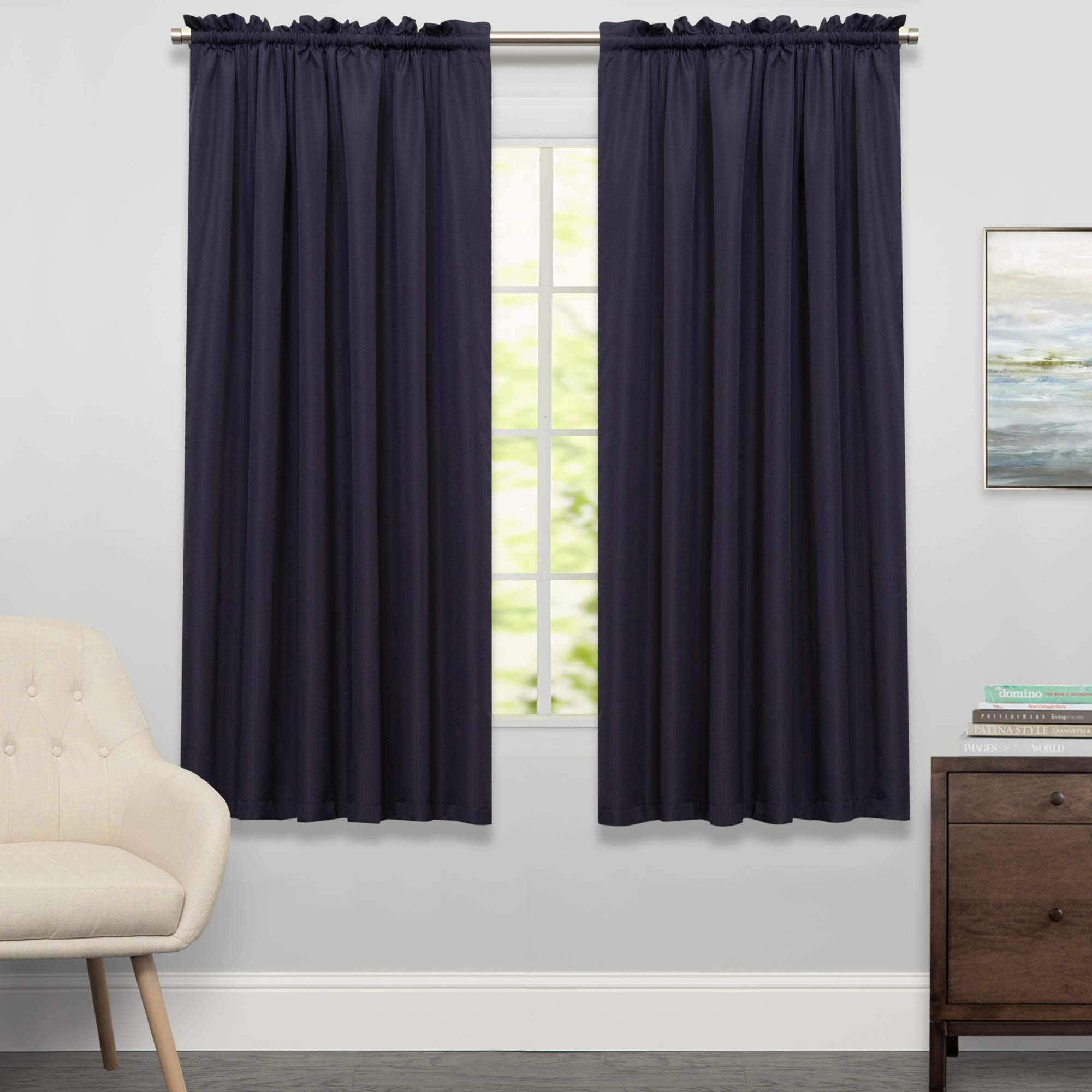 Sweet Home Collection Kitchen Curtains for Windows 40+ Styles &amp; Colors Swag, Valance, Tier Sets &amp; Panels Cafe Curtains for Farmhouse, Rustic, Modern Décor, Ribcord Navy, 63" Panel