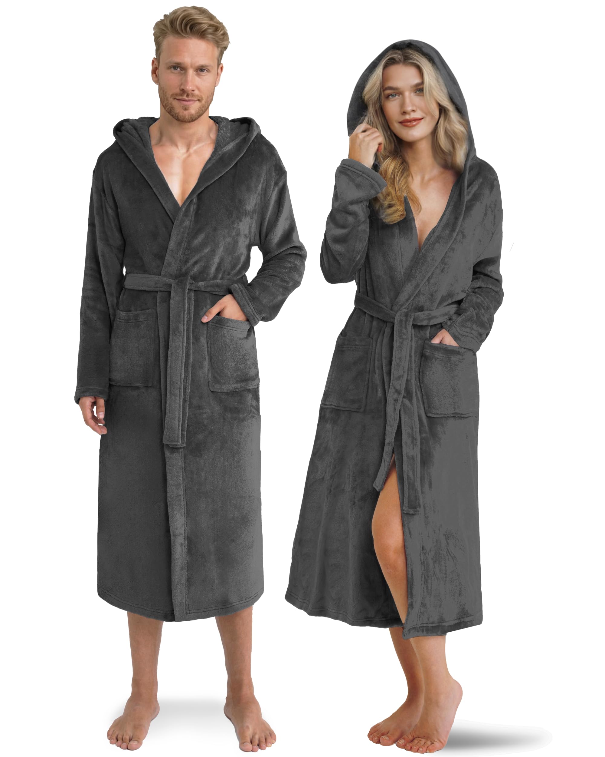 Twinzen Damen & Herren Kuschelfleece Morgenmantel mit Kapuze S - Schwarz - Weich, Warm & Bequem - Öko-Tex Standard 100 Zertifiziert
