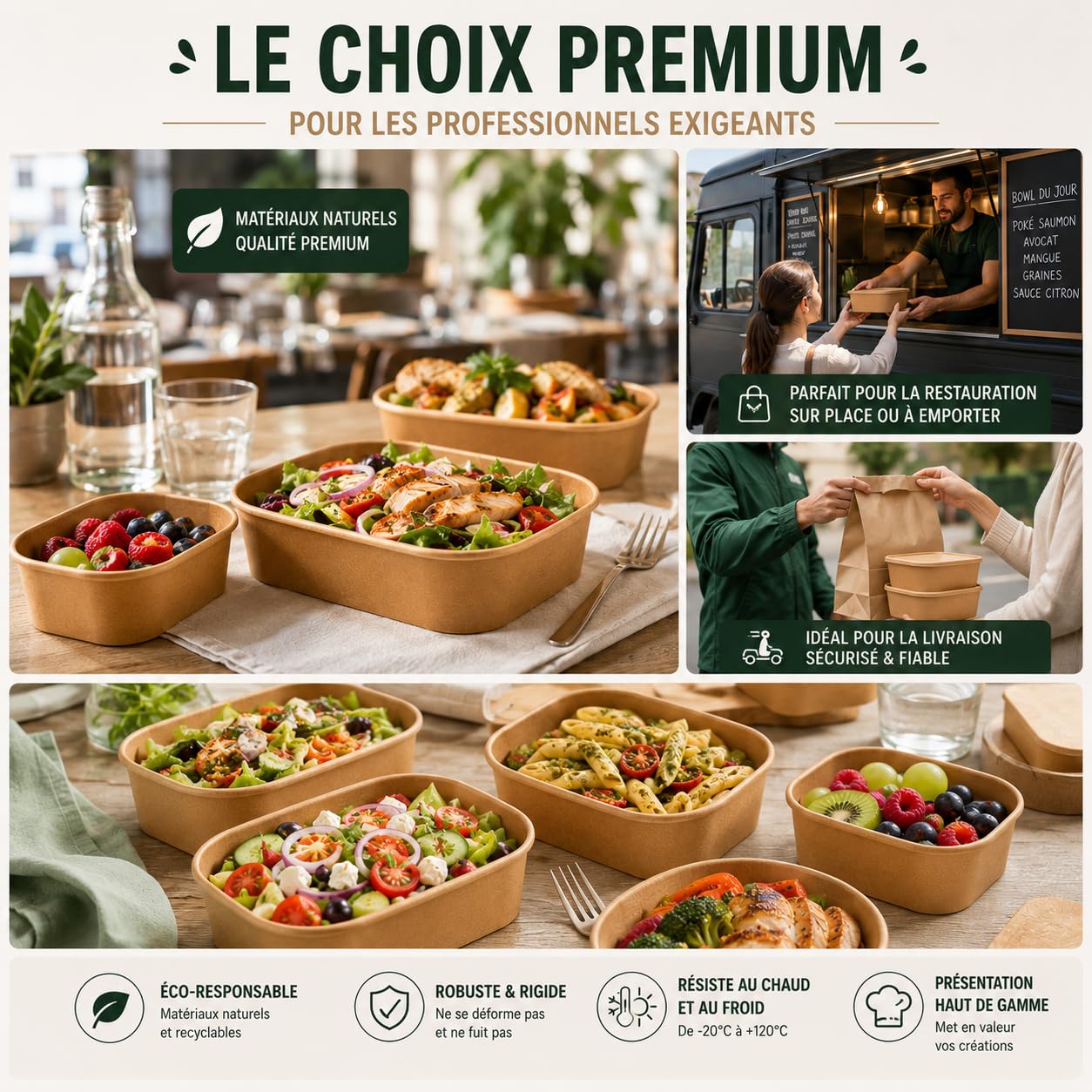 Lot de 50 Barquettes Kraft Alimentaires Rectangulaires 750 ml Couvercles en PP – Boîtes Repas Carton Épais 320g Anti-Graisse pour Vente à Emporter, Salades, Poké, Traiteur