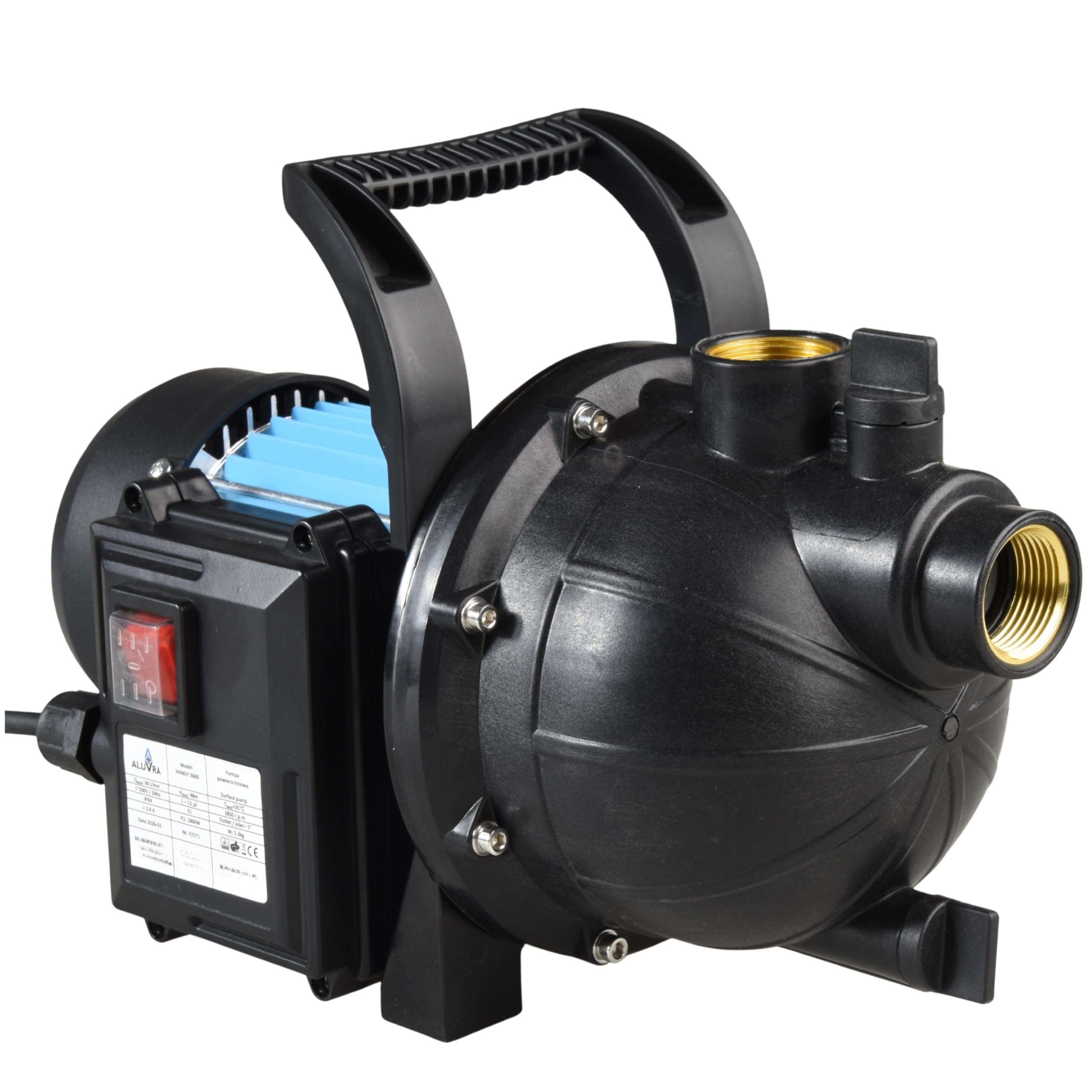 Gartenpumpe HANDY 3600 (1000 W, 3600 l/h, 48 m Förderhöhe) - selbstansaugende Wasserpumpe mit Tragegriff - Wassereinfüllschraube, Wasserablassschraube - Hauswasserwerk, Teichpumpe, Gartenbewässerung