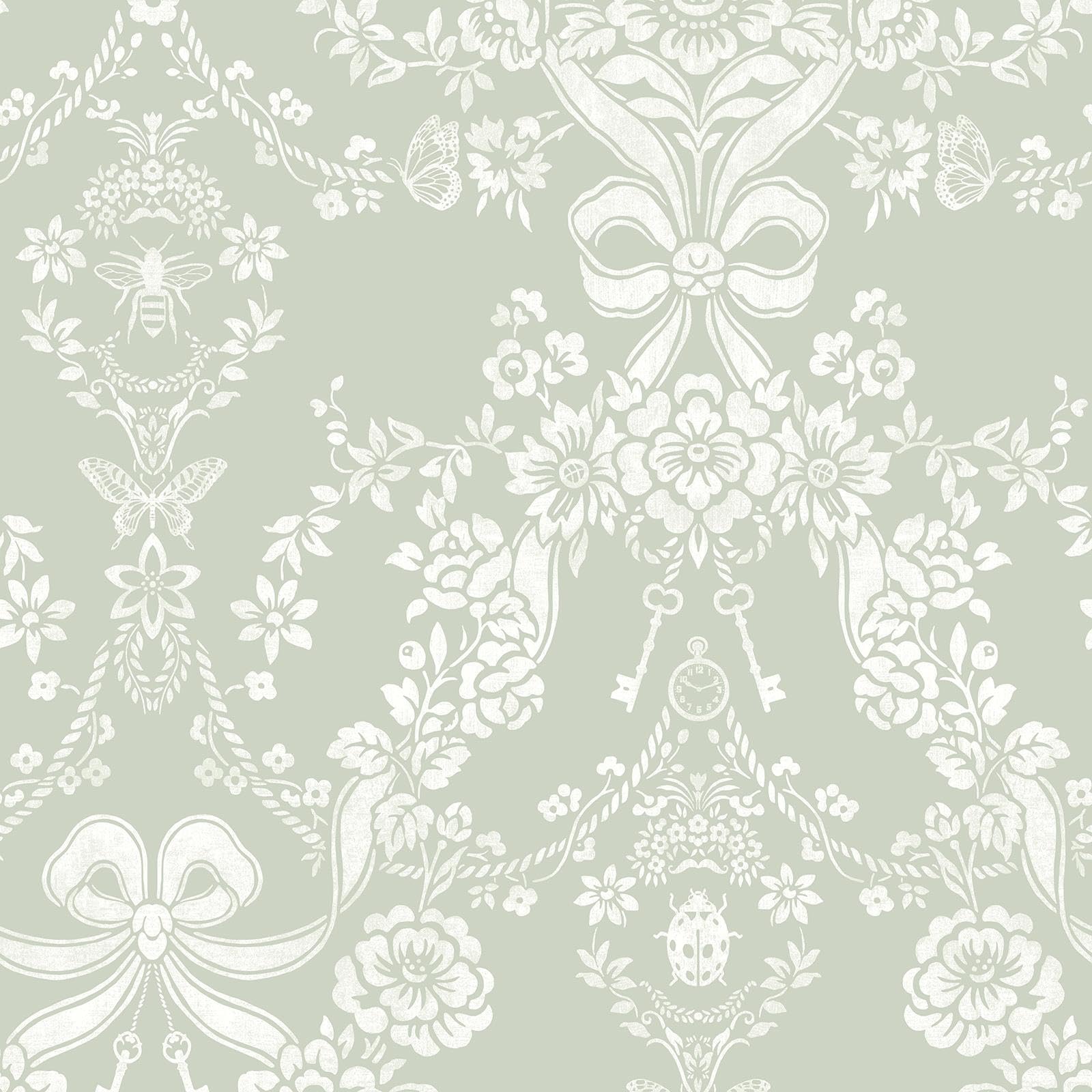 Holden Bow Damask Cute and Charming Design Wallpaper for Kids Bedrooms, Nurseries, Playrooms and Hallways or Mudrooms Sage Green (14170)