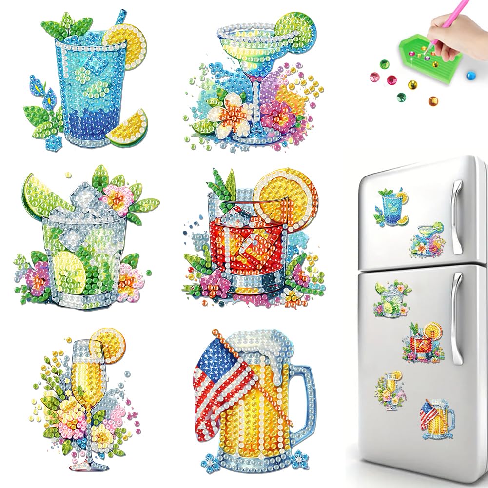 6 Pcs 5D DIY Fridge Magnet Diamond Painting Kits, Acrylic Diamond Art Magnets Decals for Beginner, Handmade Rhinestone Refrigerator Magnet for DIY Crafts Party Gift-02