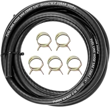 Fuel Line Hose 1/4" ID 20FT With 5PCS Clamps, High Performance 300PSI, Push Lock Reinforced Rubber NBR Automotive Fuel Line For Lawn Mowers/Cultivator/ATVs Tractors And Other Small Engine Equipment