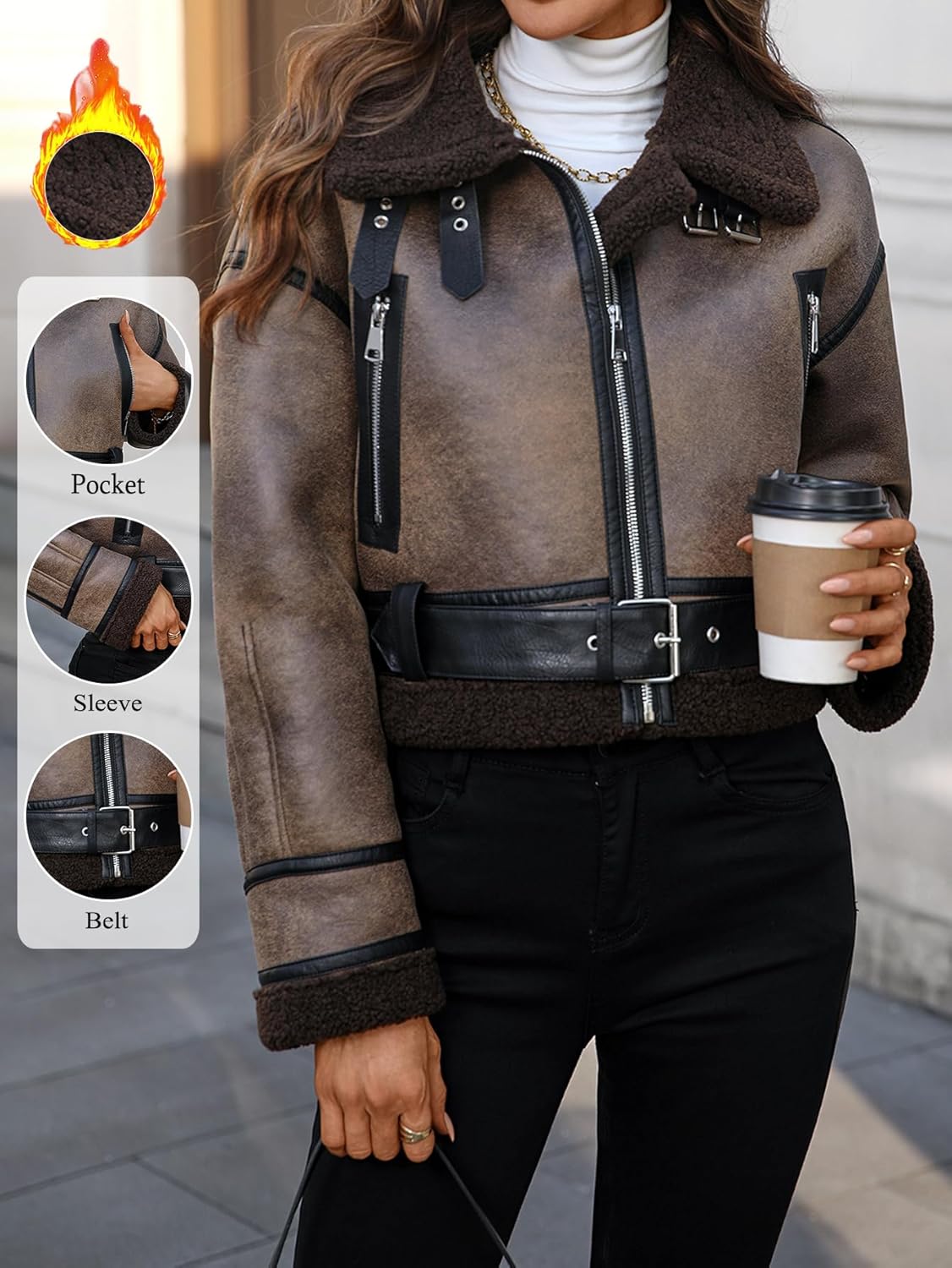 LY VAREY LIN Winter Women Faux Lamb Fur Leather Short Jacket Lapel Zipper Bomber Aviator Coat - Image 2