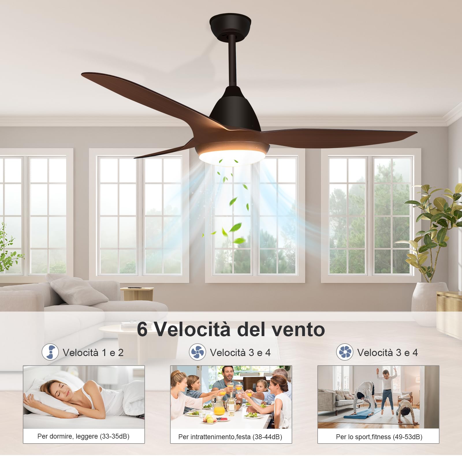 GLITI Ventilatori da soffitto con luci e telecomando, ventilatori da soffitto con lampada, 52'' silenzioso ventilatore da soffitto con 3 pale ventole ABS,3 velocità, temporizzazione (marrone)