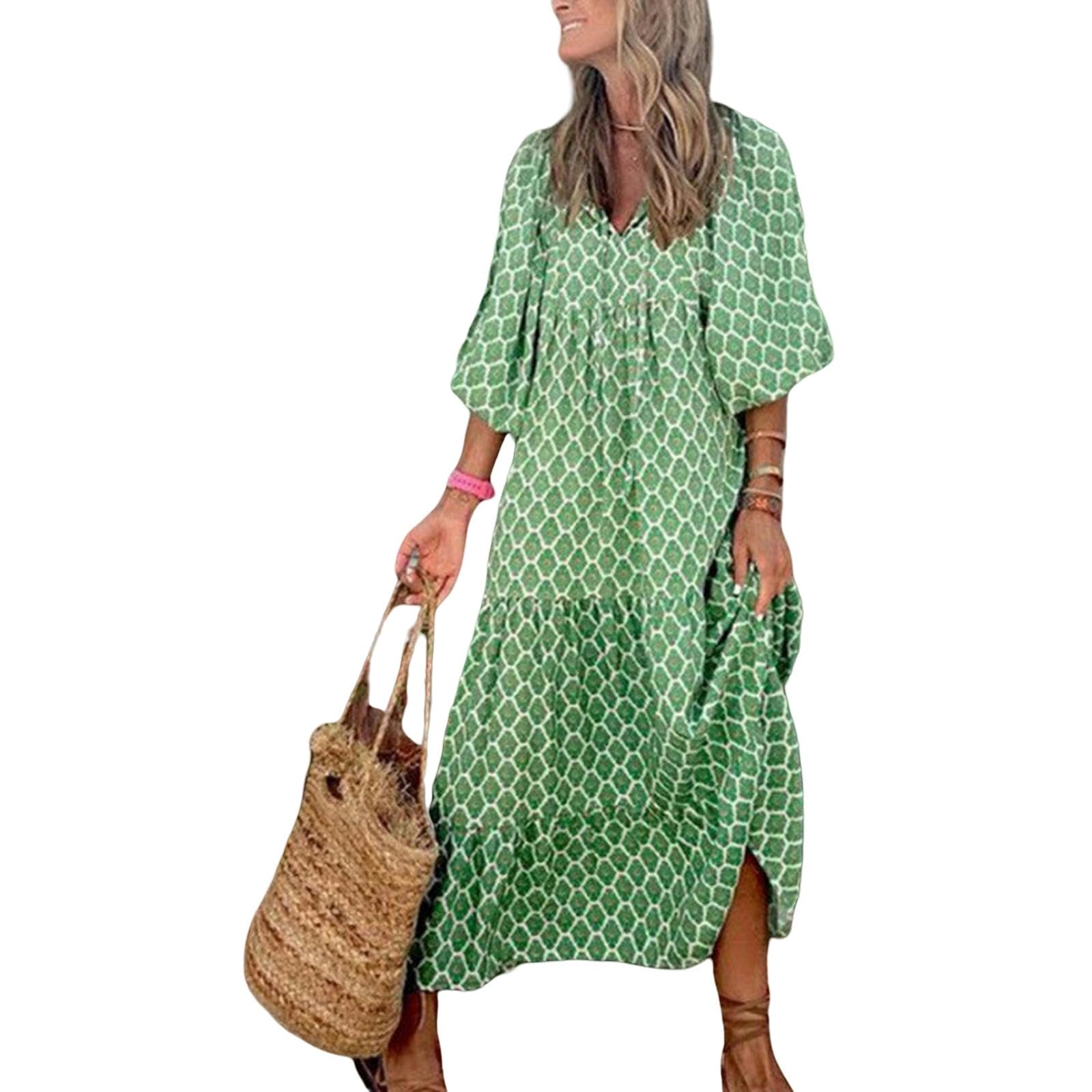 Vestidos Mujer Corte Holgado Casual Verano Cuello en V Media Manga Bohemia Patrón Geométrico Maxi Vestidos Largos YYEFNMAZ