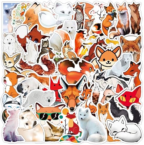 Calcomanías de zorro 50 unidades, calcomanías para botellas de agua para niños y adolescentes, calcomanías impermeables de animales de dibujos