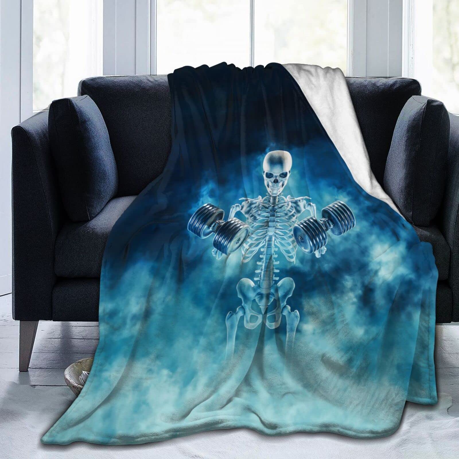 Lsjuee Scary Fitness Skeleton Throw Blanket Scary Halloween Design Blankets Lightweight Soft Cozy Flannel Blanket for Sofa Couch Bed Office 80"X60"