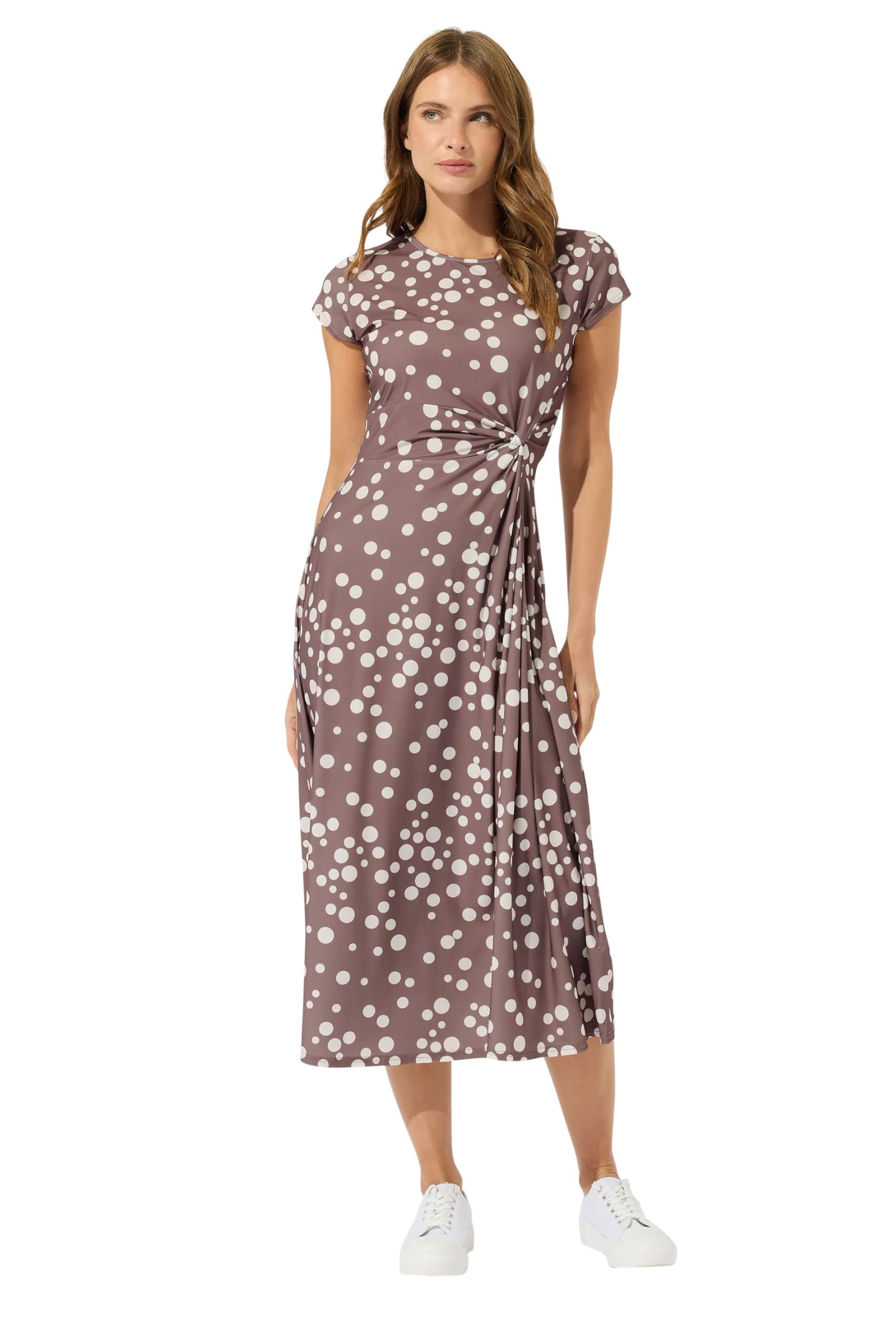 M&Co Women's Brown Polka Dot Side Twist Midi Dress In | Size: 14