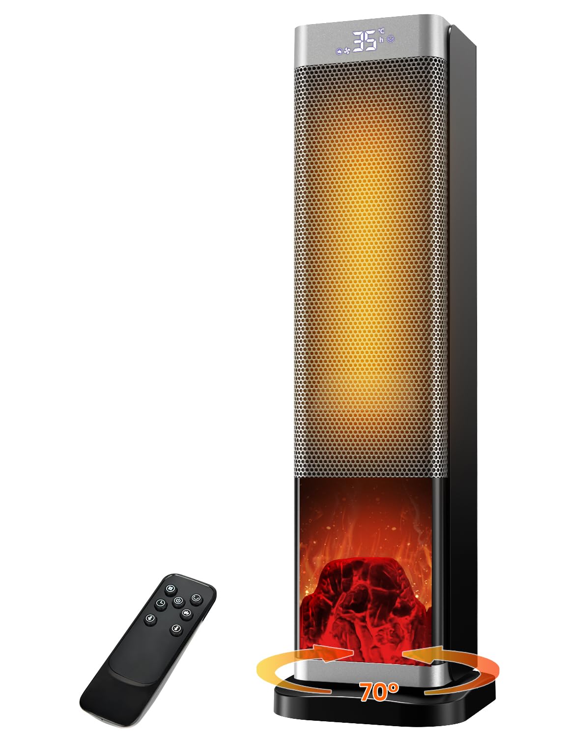 Low Consumption Heater, 2000W PTC Heater, 3 Modes, 70° Oscillation and 12H Timer, Remote Control, Temperature Adjustable, Thermostat, Overheat Protection and Tip-Over for Indoor