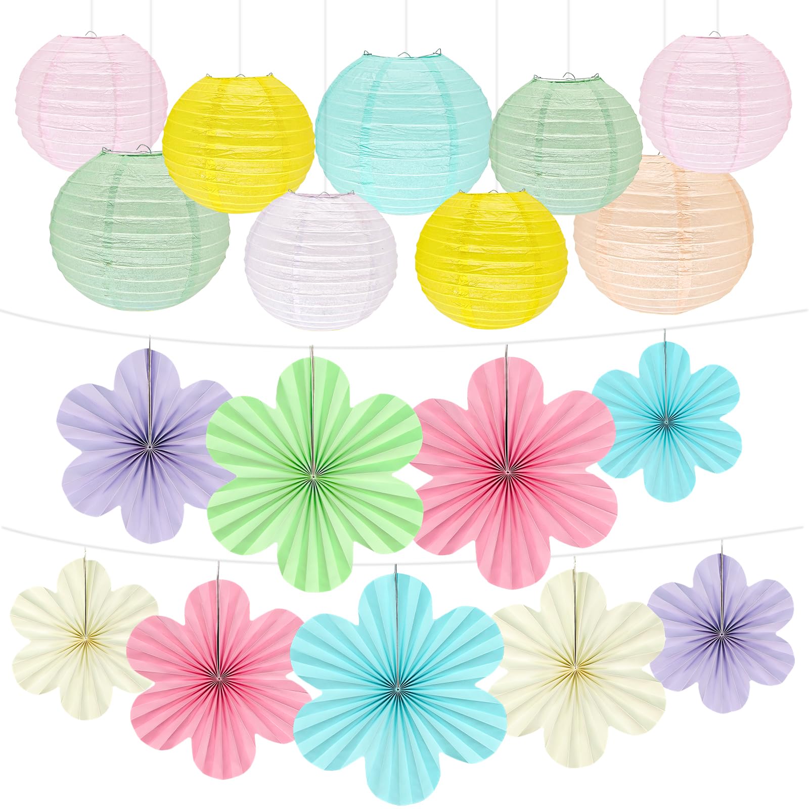 Peywot 18Pcs Pastel Hanging Colorful Paper Lanterns Pastel Paper Flowers Fans for Birthday Wall Classroom Baby Shower Wedding Party Decorations Set