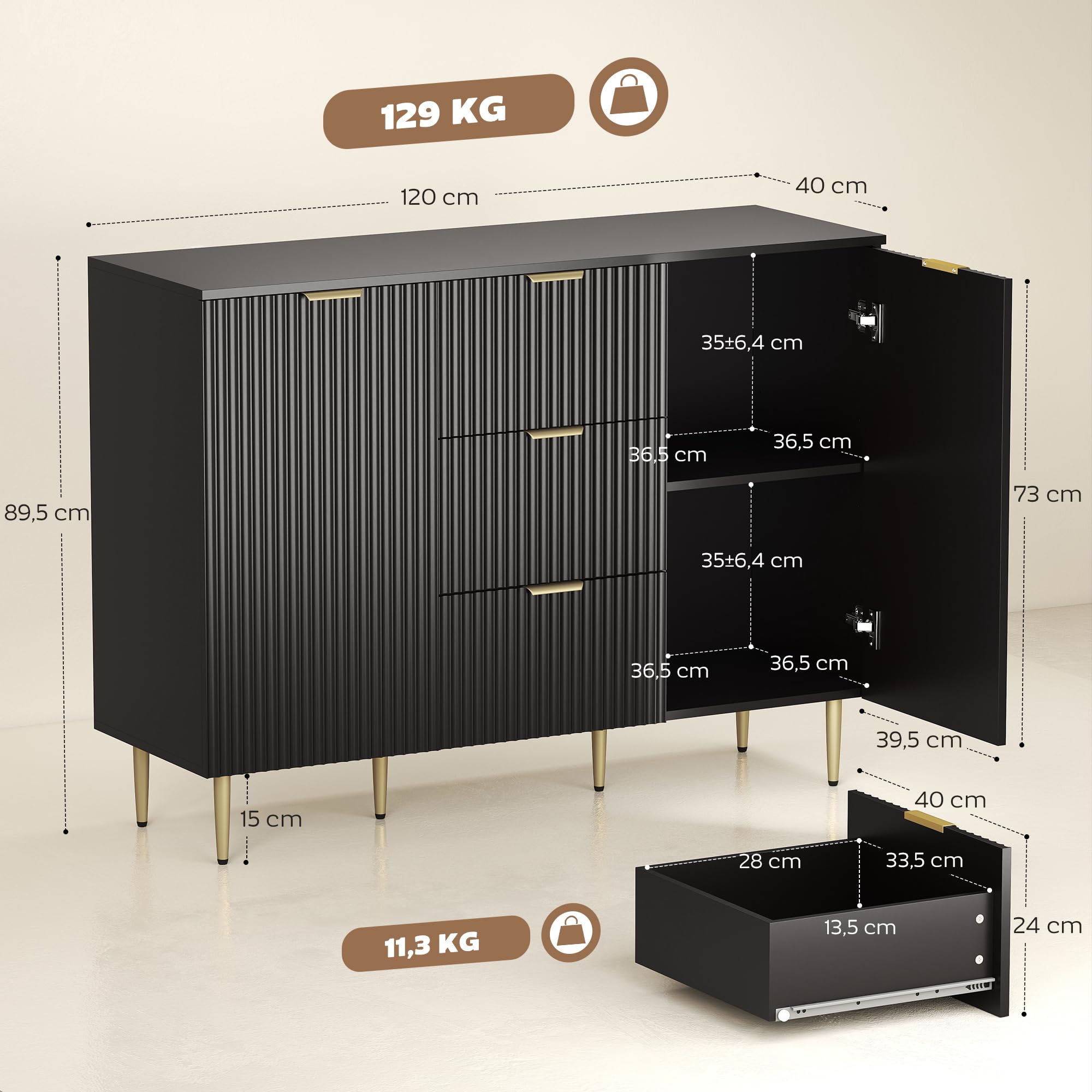 HOMCOM Buffet avec 3 Tiroirs Étagères Réglables 120 x 40 x 90 cm Noir