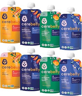 Cerebelly Organic Baby Food Pouches Variety Pack, Veggie & Bean Purees, 16 Nutrients, No Added Sugar, Fiber & Non-GMO, 4oz, 8 Pack