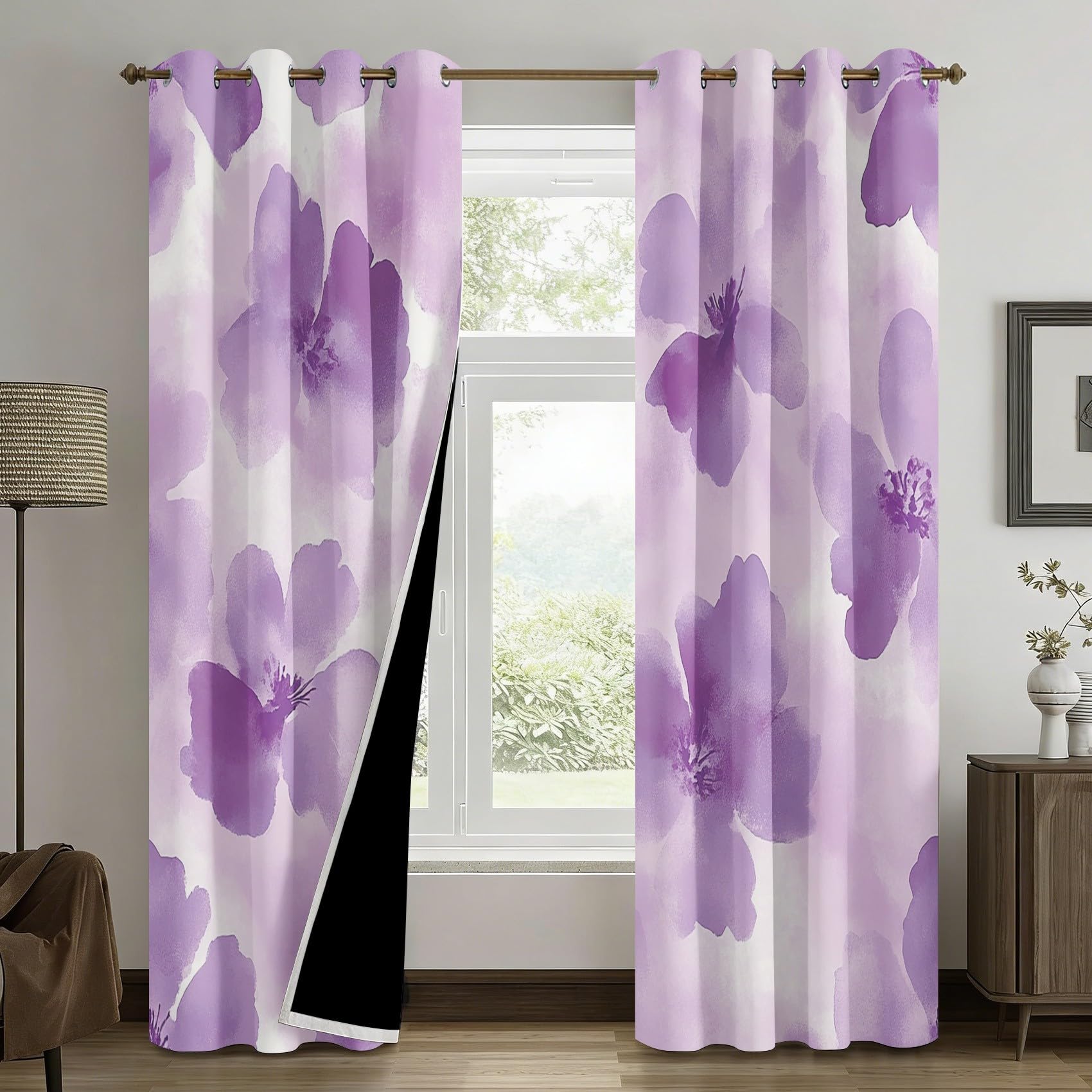 Generisch Lila Blumen Vorhang Blickdicht, 95% Blickdichte Vorhänge Aquarell Blumen, Verdunkelungsvorhang 260x140 2er Set, Schlafzimmer Wohnzimmer Gardinen mit Ösen Q-D37