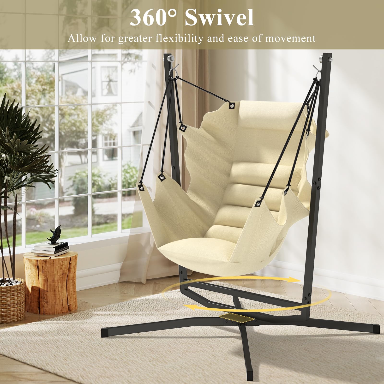 Hängesessel mit Gestell, Outdoor & Indoor Hängeschaukel, Hängestuhl 360° Drehung Hängesessel mit Gestell & Kissen, 180kg Traglast, für Wohnzimmer- Schlafzimmer, Garten Balkon Terrasse (Beige)