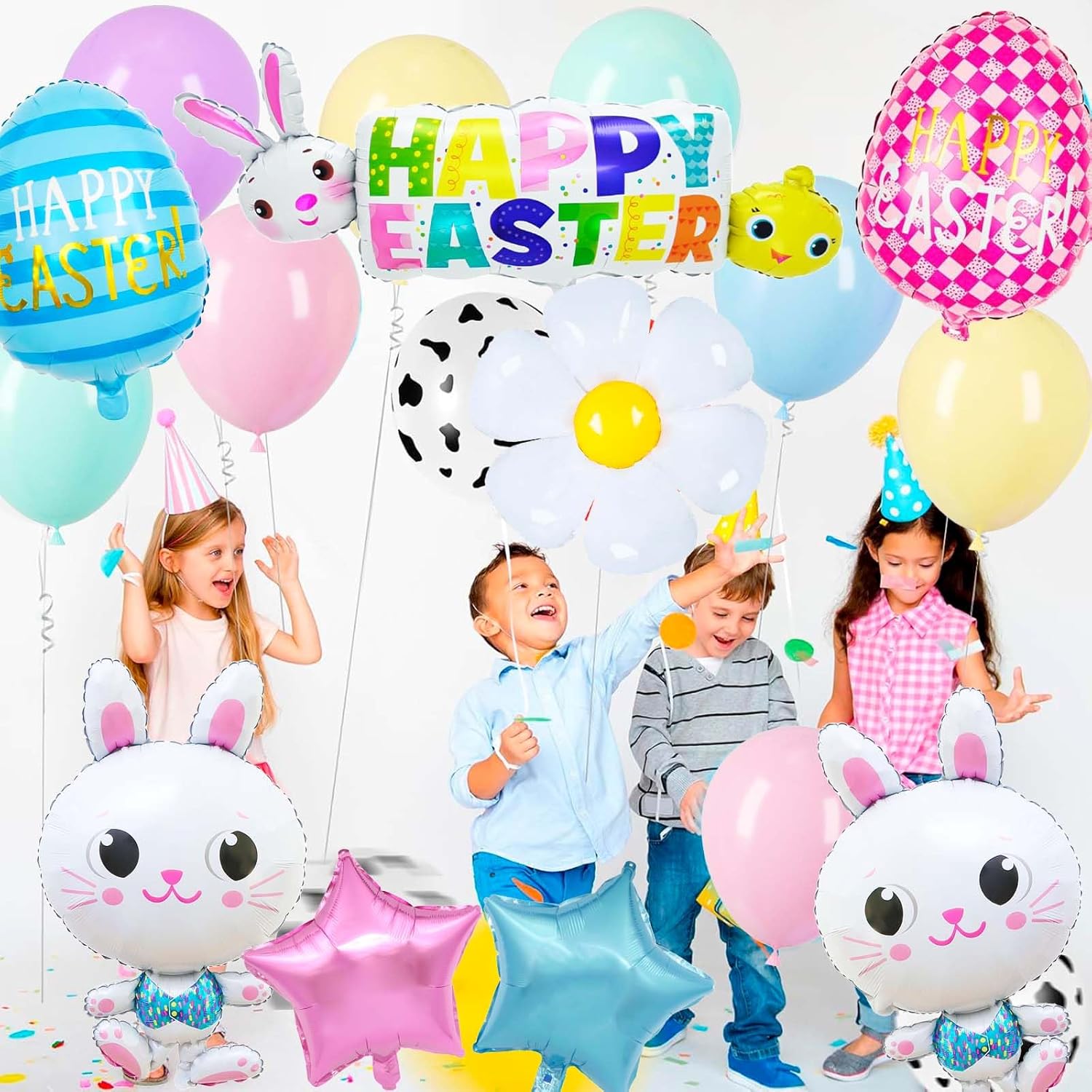 Easter Bunny Balloons Set, Happy Easter Balloon and Colorful Egg Balloons, Daisy Party Decorations (Colorful Bunny)