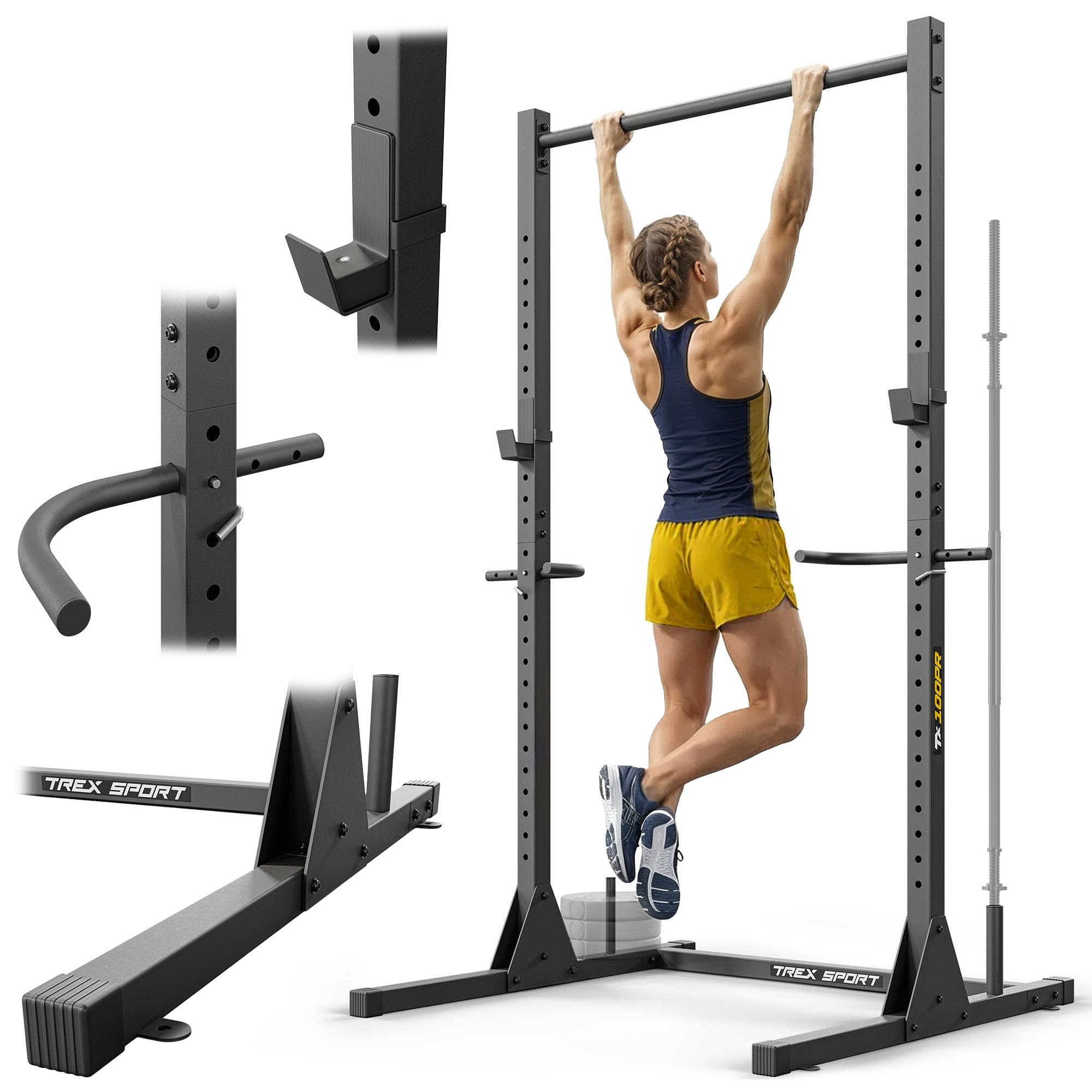 TREX SPORT Power Tower TX-100PR | Dip Station und Klimmzugstange freistehend | multifunktionaler Kraftturm aus Stahl mit Langhantelablagen | Belastbarkeit bis 300 kg | Schwarz