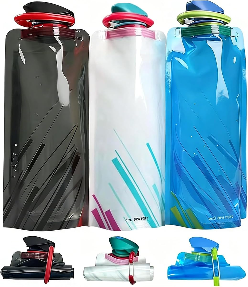 Paquete de 3 botellas de agua plegables para viajes – Botella de agua plegable de 23 oz con mosquetón, Jup de agua sin BPA a prueba de fugas, botella de agua portátil reutilizable para senderismo, deportes, camping, ciclismo