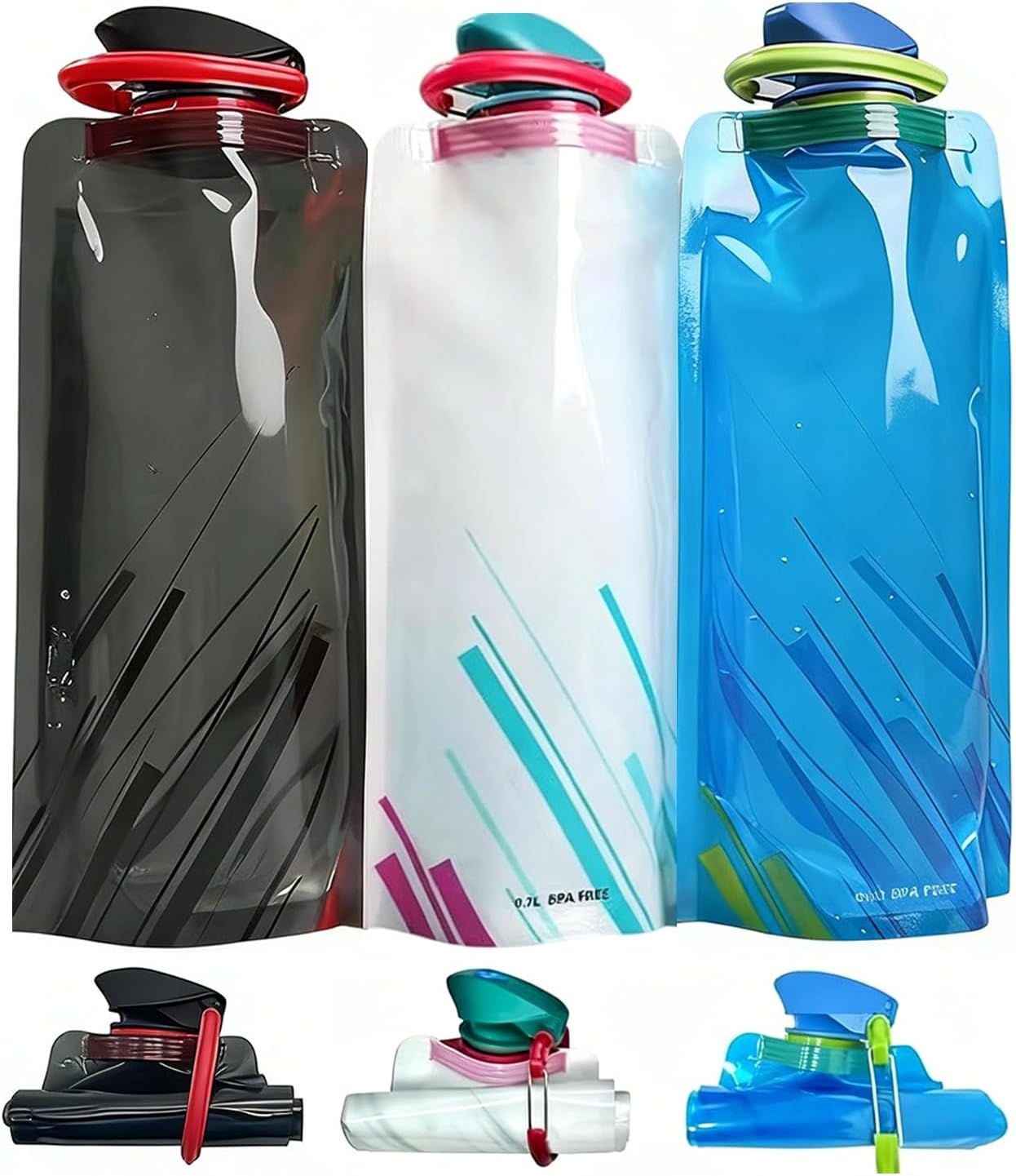 Jinora 3 Pack Collapsible Water Bottles for Travel – 20oz Foldable Water Bottle with Carabiner,Leakproof BPA-Free Water Jup, Portable Reusable Water Bottle for Hiking,Sports,Camping,Biking