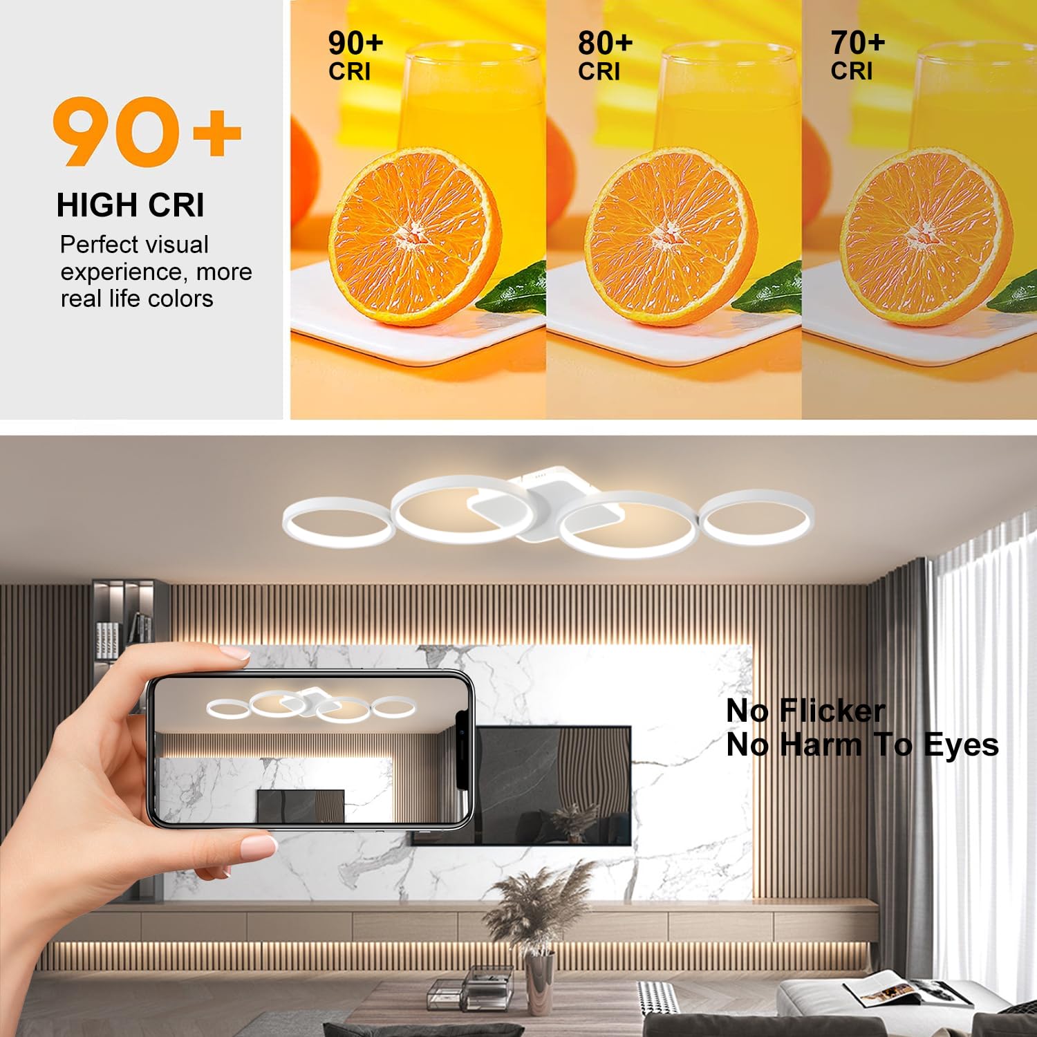 94cm Lámpara de Techo LED Regulable Lampara Techo 54W Blanco | Lámpara de Dormitorio con Mando a Distancia APP, Iluminación de Techo Moderna con Redonda de 4 Anillos para Salón