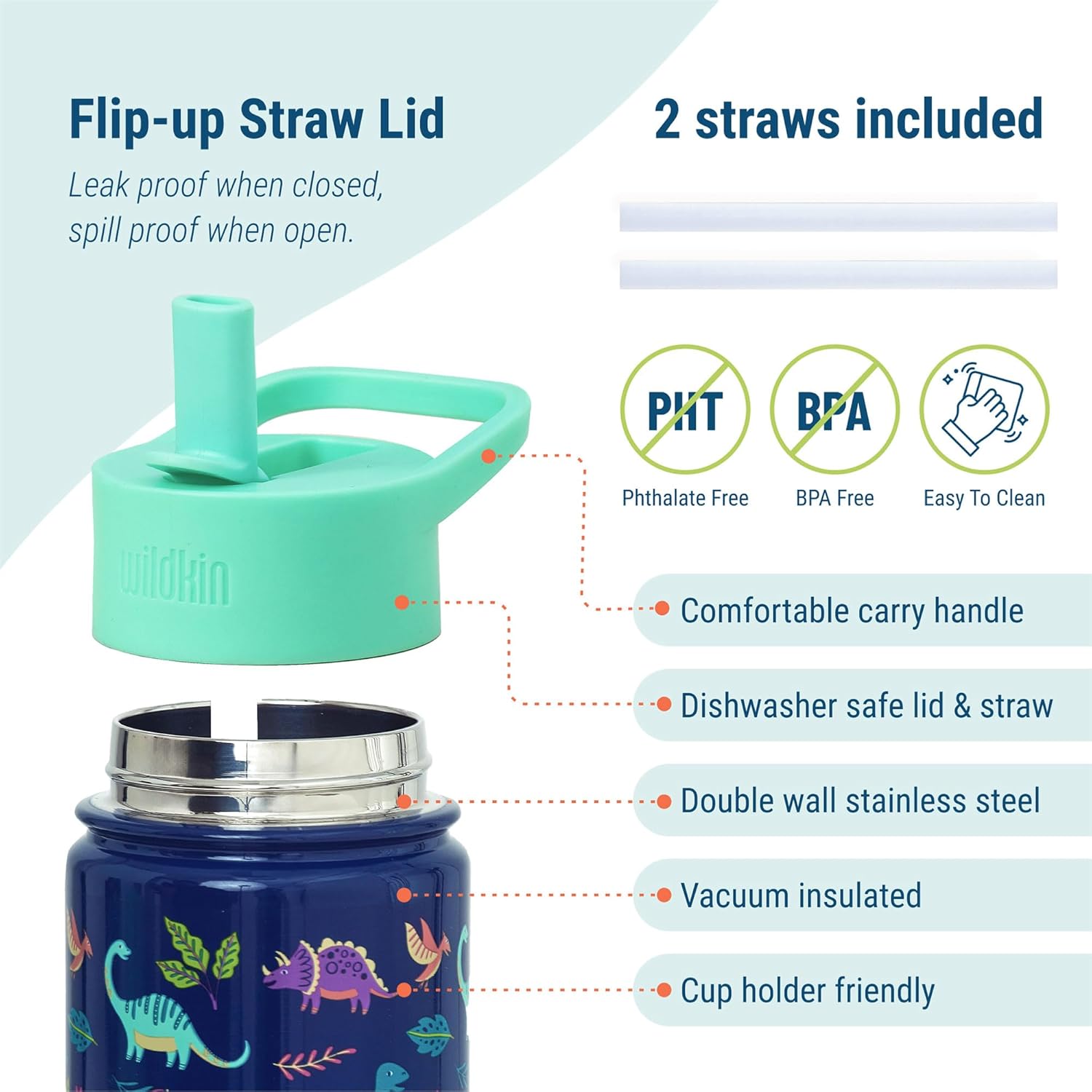 Wildkin Kids 14oz Stainless Steel Water Bottle – BPA-Free, Leakproof, Insulated, Easy-Clean - Darling Dinosaurs - Image 4