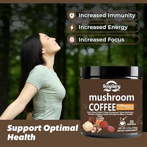 Miniatura 5 de 10 café de hongos con arábica con melena de león, reishi, polisacáridos de hongos y más, 3500 mg (101) Extracto de hongos instantáneos en polvo para