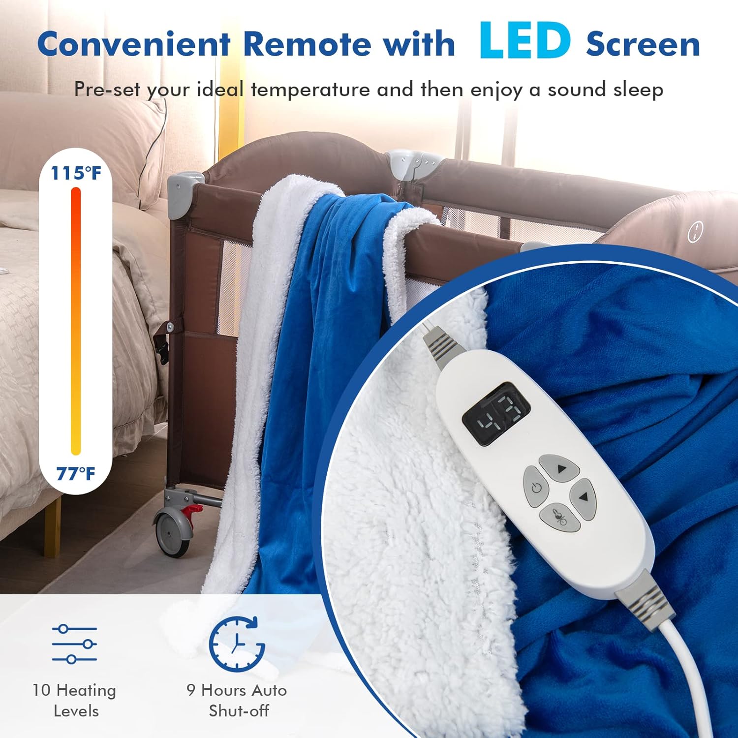 review Giantex Heated Electric Blanket Throw, Reversible Sherpa Fleece Blanket w/ 10 Heat Levels, 9 Hours Auto Shut-Off, Overheat Protection, 50'' X 60'' Machine Washable, Soft Electric Heating Blanket(Navy)