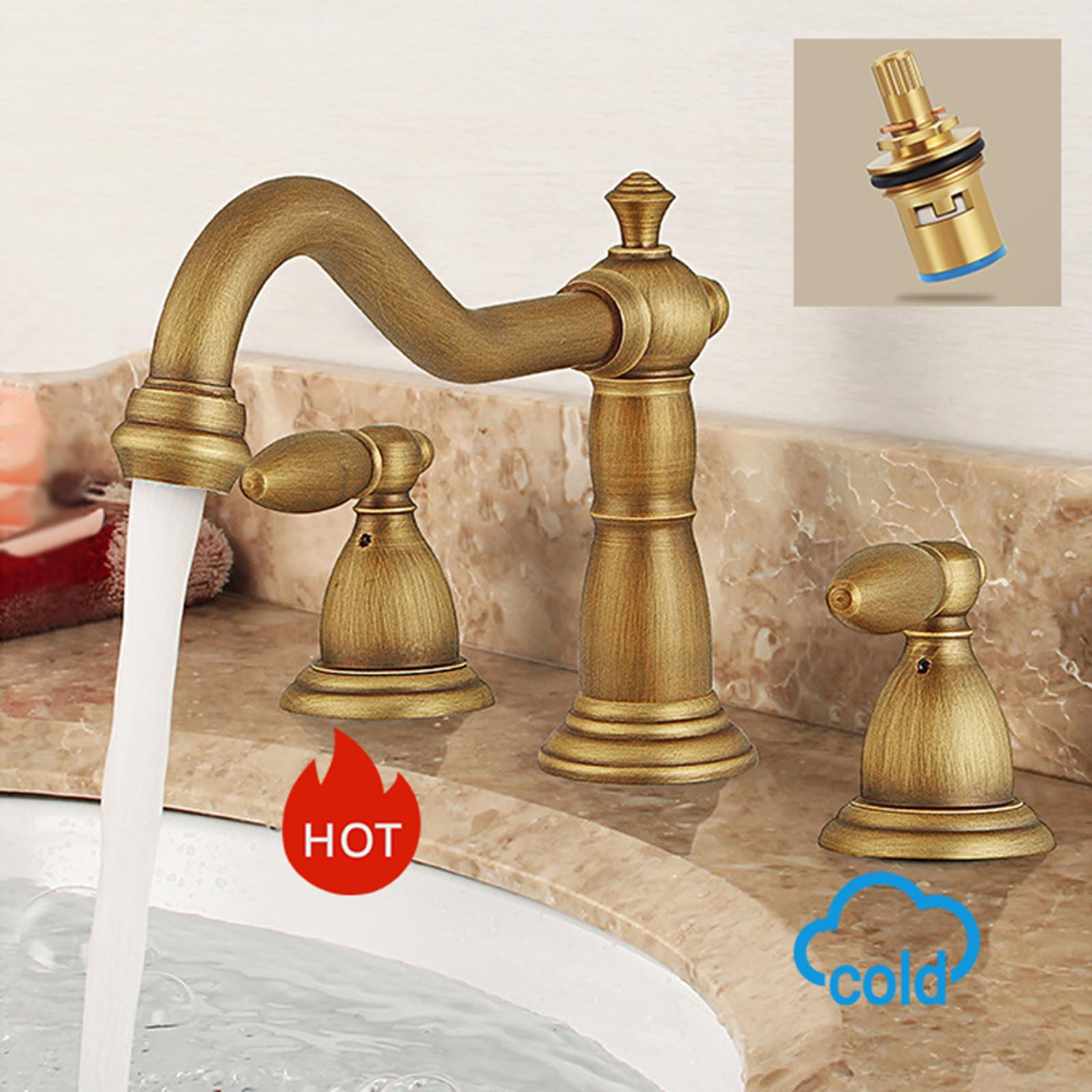 BiaoTeng Rubinetto Vintage Bagno Lavabo e Bidet Miscelatore a Tre Fori con Due Manopole, Caldo e Freddo Rubinetto Lavandino Bagno Antico Ottone