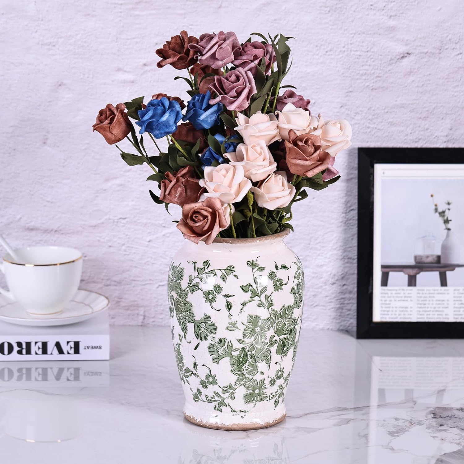 Vintage Green Chinoiserie Ceramic Vase, Rustic Farmhouse Floral Cracked Vase for Pastoral Home Decor, Living Room, Centerpieces, Shelf, Fireplace Tables, Pottery Decor (Green White) - Image 5