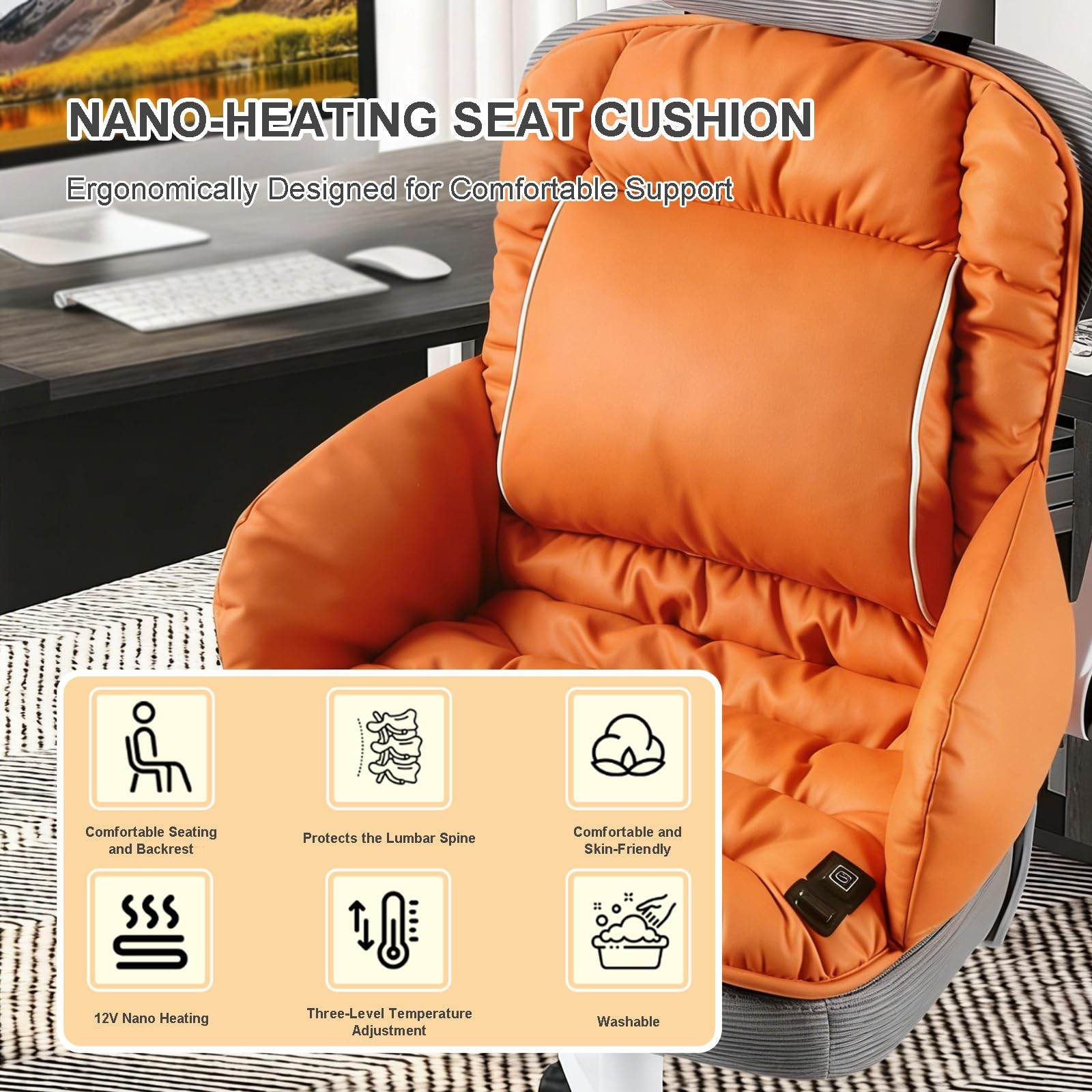 Sitzheizung Bürostuhl mit Lendenwirbelstütze, Sitzheizung für Stühle und Rückenlehnen für das Büro mit Dreistufiger Temperatureinstellung für Zuhause(Orange)