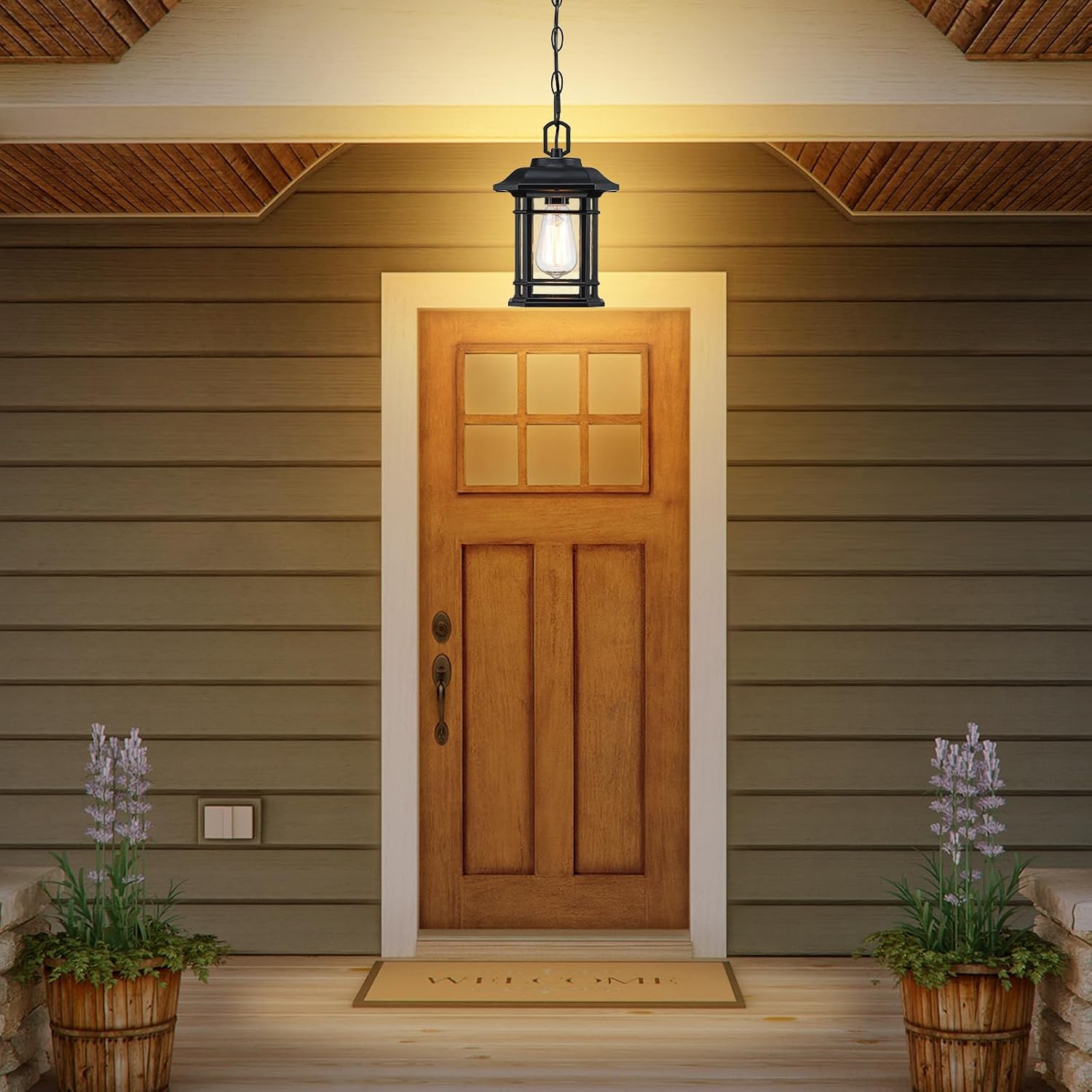 Outdoor Pendant Lights for Porch, Black Exterior Hanging Lanterns, Farmhouse Ceiling Light Fixture, Waterproof Tempered Seed Glass Outdoor Chandelier, 1Pack