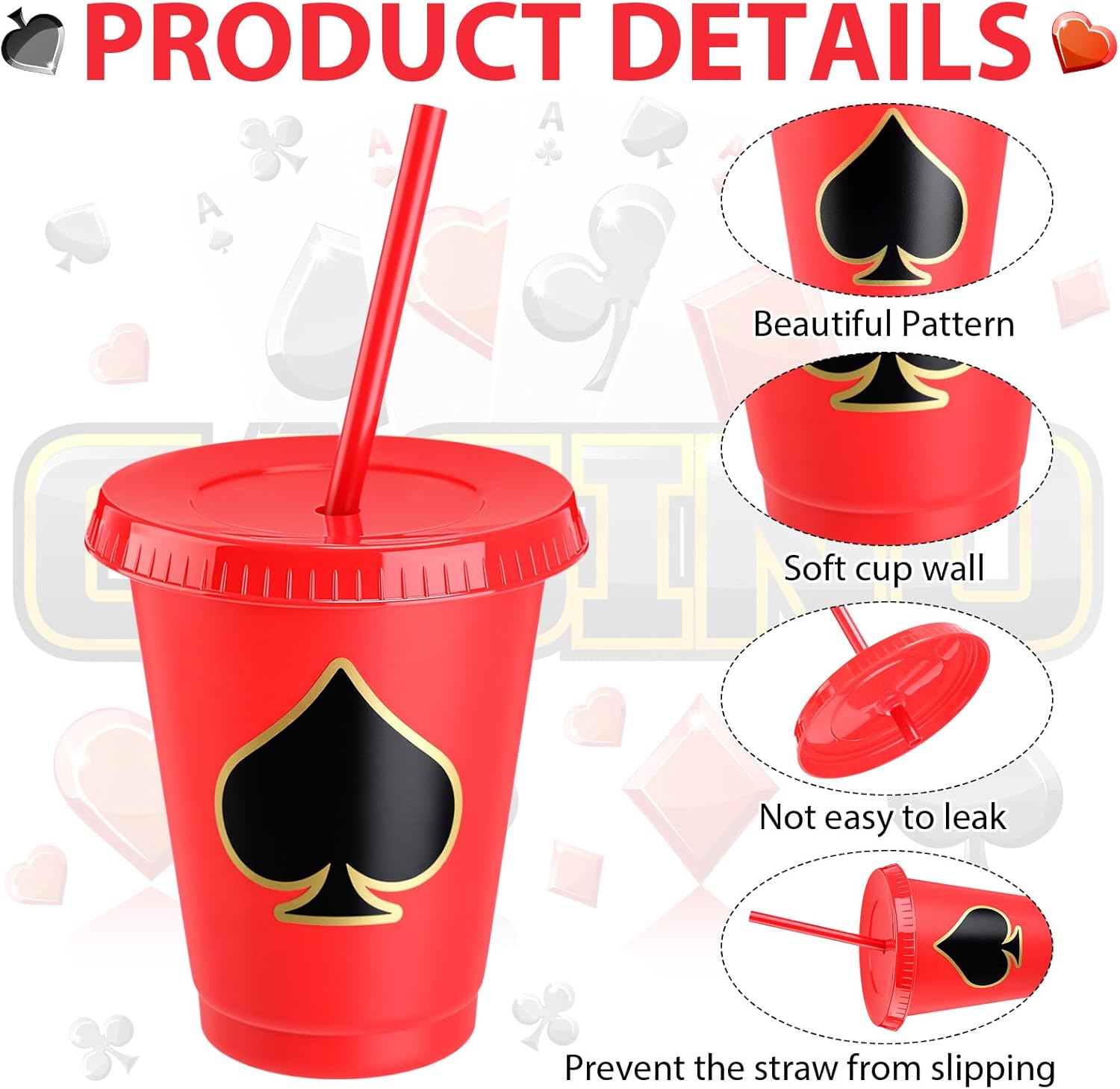 24 Pcs Casino Cups Party Supplies Casino Plastic Reusable Cute Cups with Lids and Straws 16 oz Cold Travel Mug Plastic Poker Tumblers Water Bottle for Poker Night Birthday Party