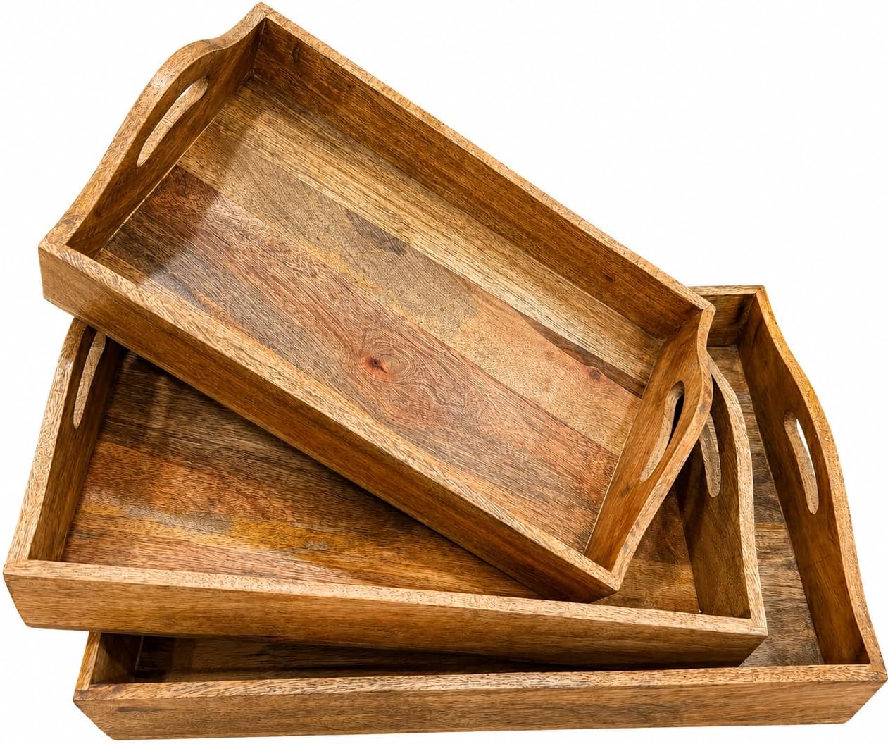 Mango Wooden Serving Tray Set of 3 Earthy Tone Collection for Living Room, Coffee Table, Breakfast in Bed, Candle Display, Decorative Serving Trays Platter for Food, Drink and Decor