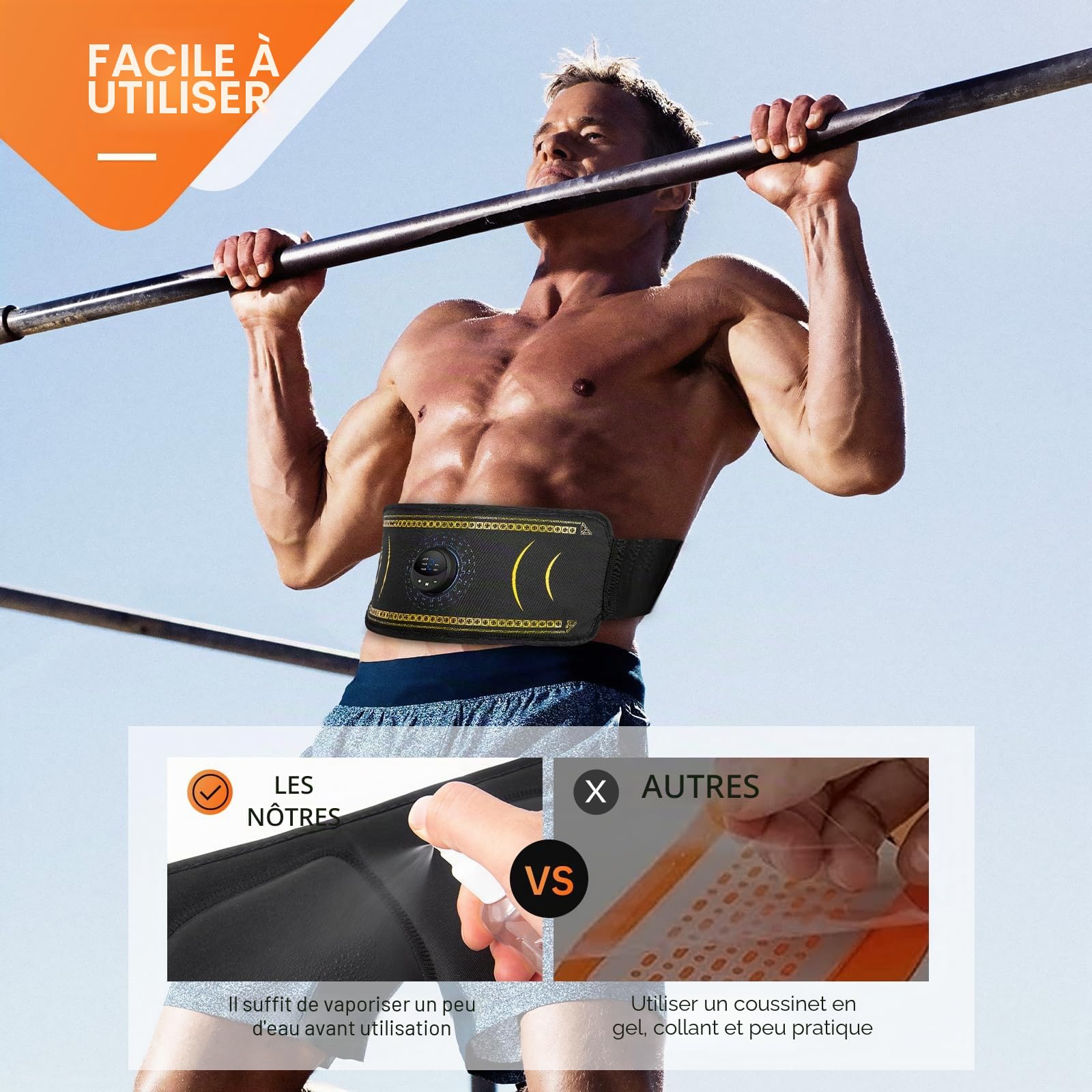 Stimulateur musculaire en ABS, 6 modes et 15 intensités, ceinture de tonification ABS, chargement USB, convient pour tour de taille de 62 à 124 cm