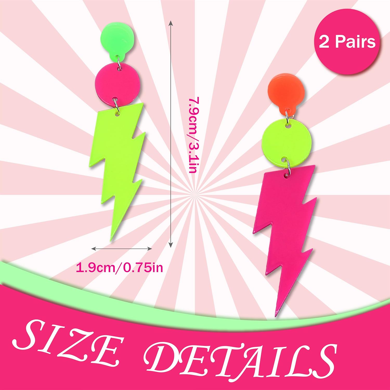 80s 90s Neon Earrings, 2 Pairs Lightning Bolt Acrylic Fluorescent Retro Hoop Earrings for Glow Party, Fashion 80s Accessories for Women, 80s 90s Vintage Style Punk Jewelry Gifts - Image 2