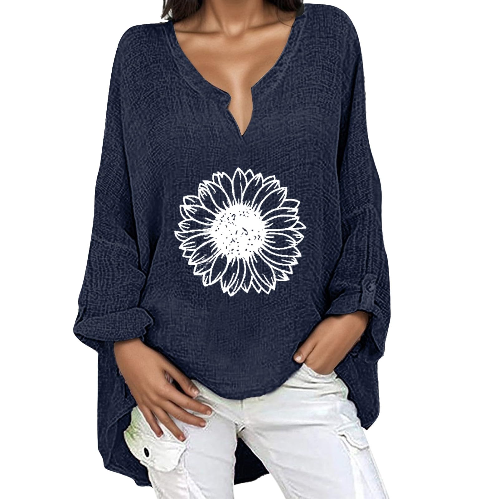 Generic Camisa De Cuero Mujer Camiseta Larga Informal con Cuello en V y Estampado de Flores Vintage para Mujer Camisa De Cuero Mujer