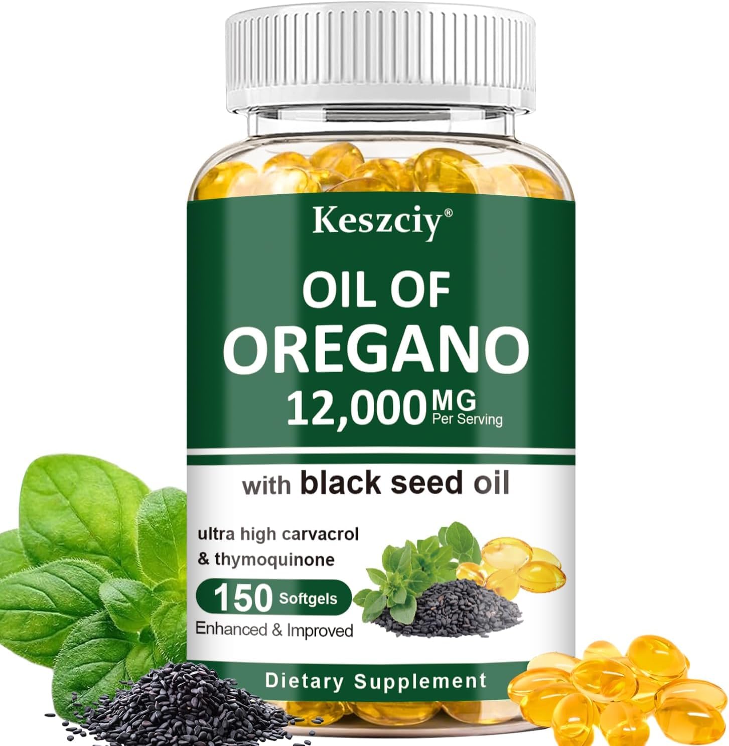 Keszciy Suplemento de Óleo de Orégano e Óleo de Nigella sativa 12.000 mg + 220 mg, 150 cápsulas gelatinosas