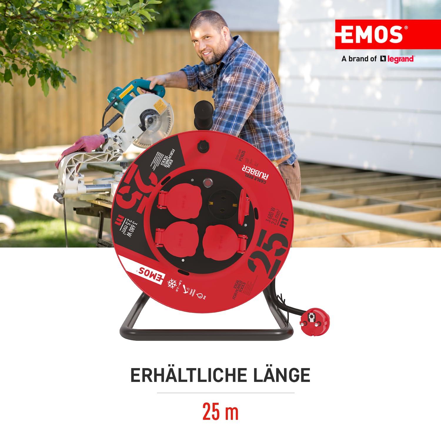 EMOS - Kabeltrommel 25m - 4 Schuko-Steckdosen - wasserdicht, schlagfest, hitze- & kältebeständig - 230V, 16A, 3680W - Gummi-Isolierung - H05RR-F3G 2,5 mm2 - IP44 für Außenbereich