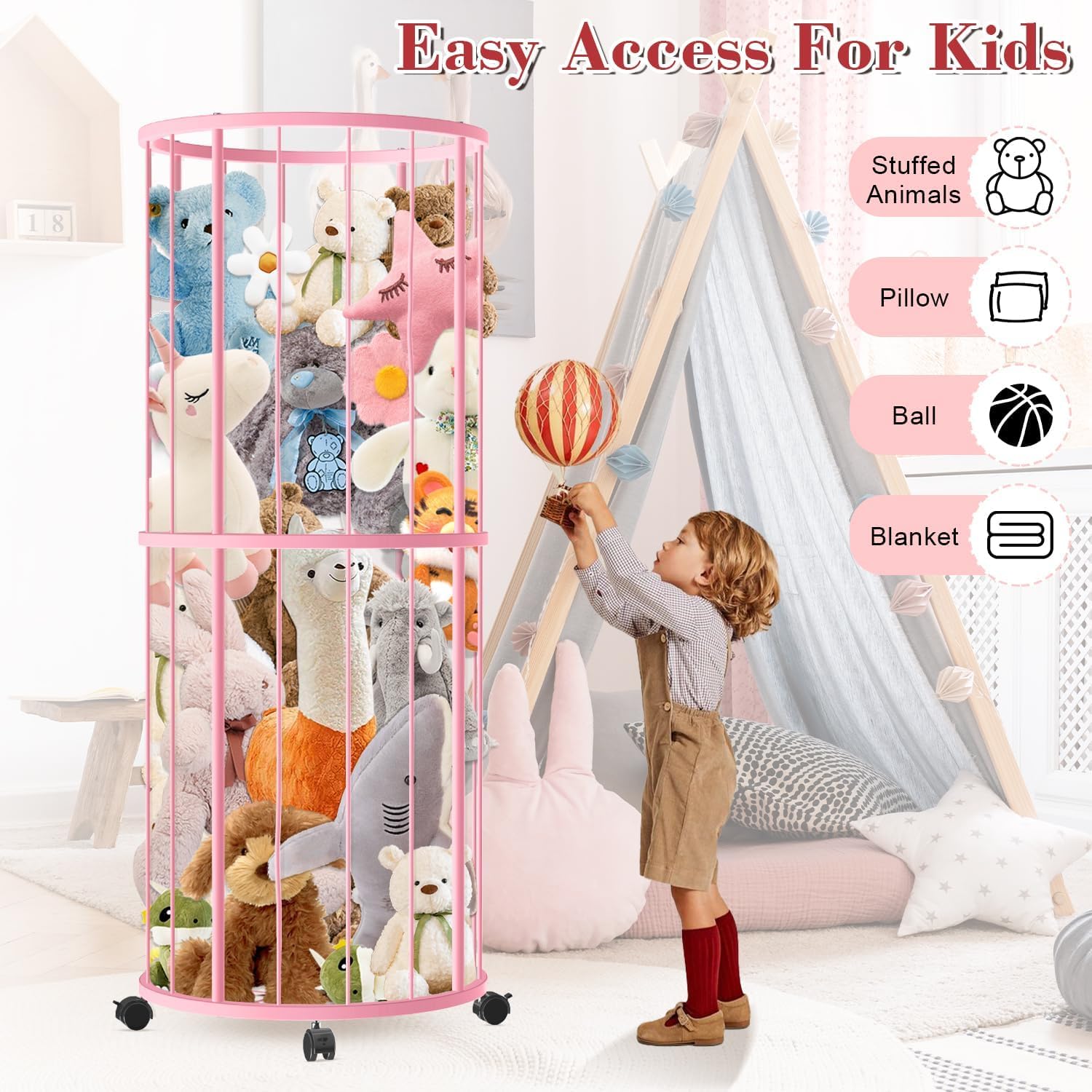 OGFC 72100 Metal Stuffed Animal Zoo Storage, Extra Large Plush Stuffed Animal Holder Round, Kids Toy Storage Organizer Shelf Wheels for Girls Nursery Playroom Bedroom Organization. 2