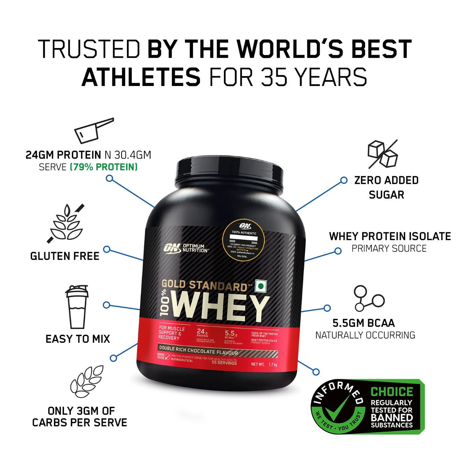 Optimum Nutrition (ON) Gold Standard 100% Whey Protein Powder 1.7 Kg (Double Rich Chocolate), 55 Serves, for Muscle Support & Recovery, Vegetarian - Primary Source Whey Isolate — Amazon image 2